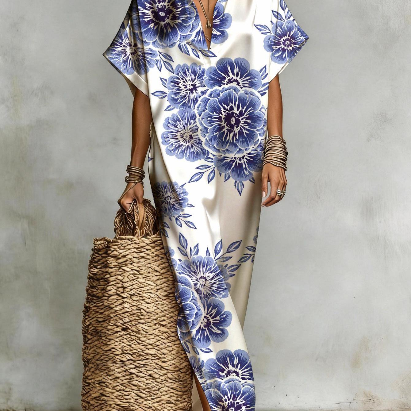 Image of Minimalist Floral Shirt Maxi Dress Women Casual Loose Comfortable Fashion Leisure Dress