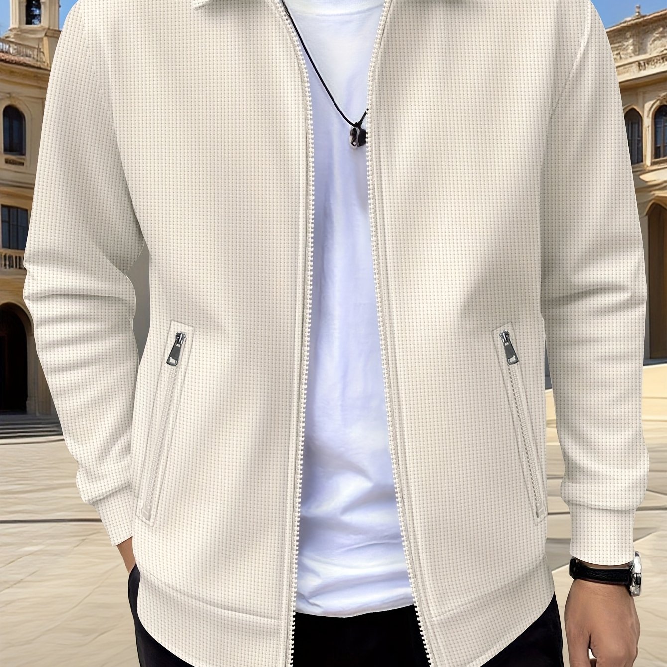 TEMU Men's Fashion Athletic Jacket, Casual Full-zip Waffle Jacket With Pockets, Lightweight Long Sleeve Turn- Collar Outerwear, Autumn, Regular Fit,
