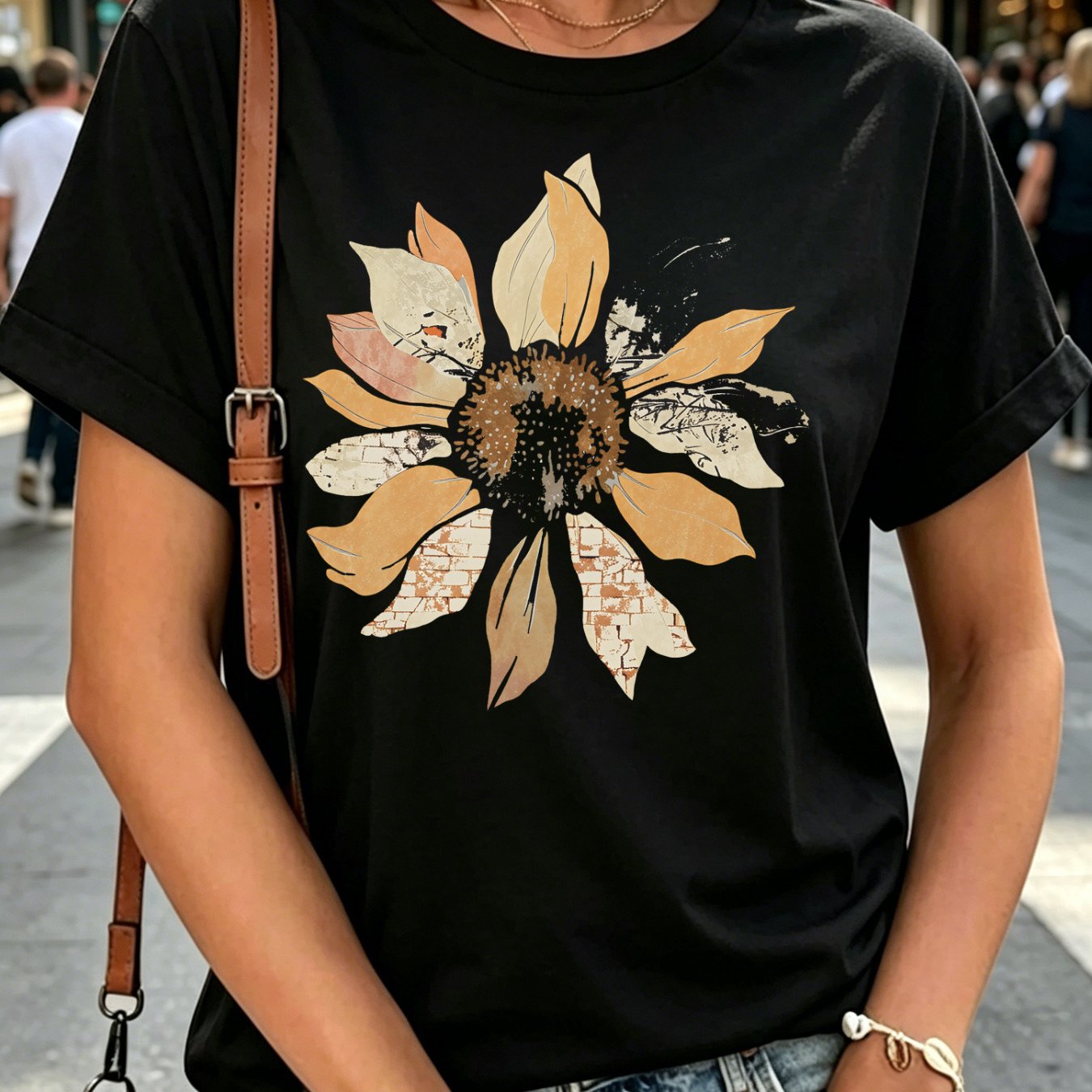 Image of Ladies' Black Sunflower Printed Short Sleeve T-shirt - The Essential With Loose Fit, And For And Travel