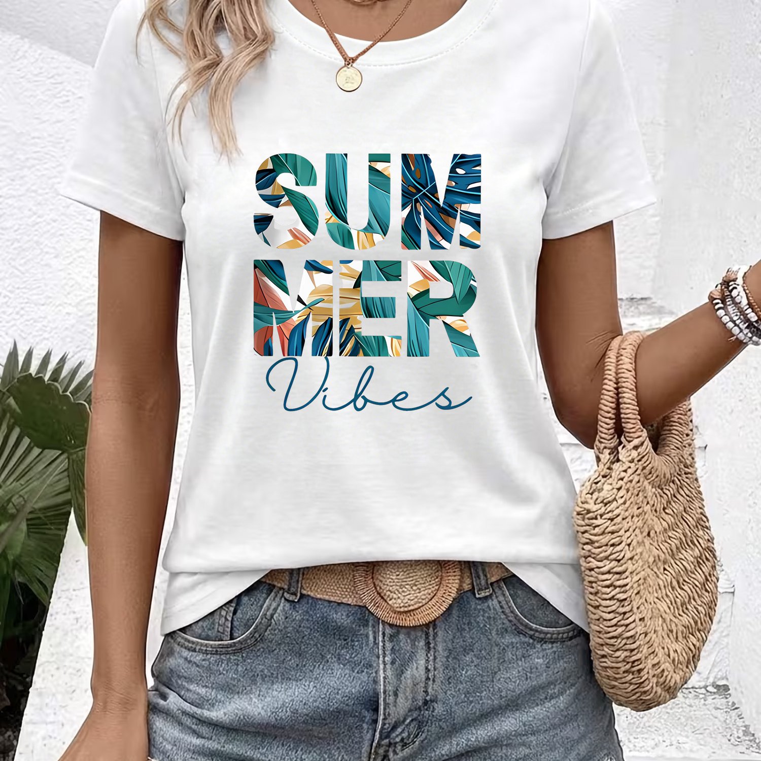 TEMU Women's ' Text Illustration' Letter Print T-shirt, Loose Short Sleeve T-shirt, -friendly Breathable Round Neck Basic Top