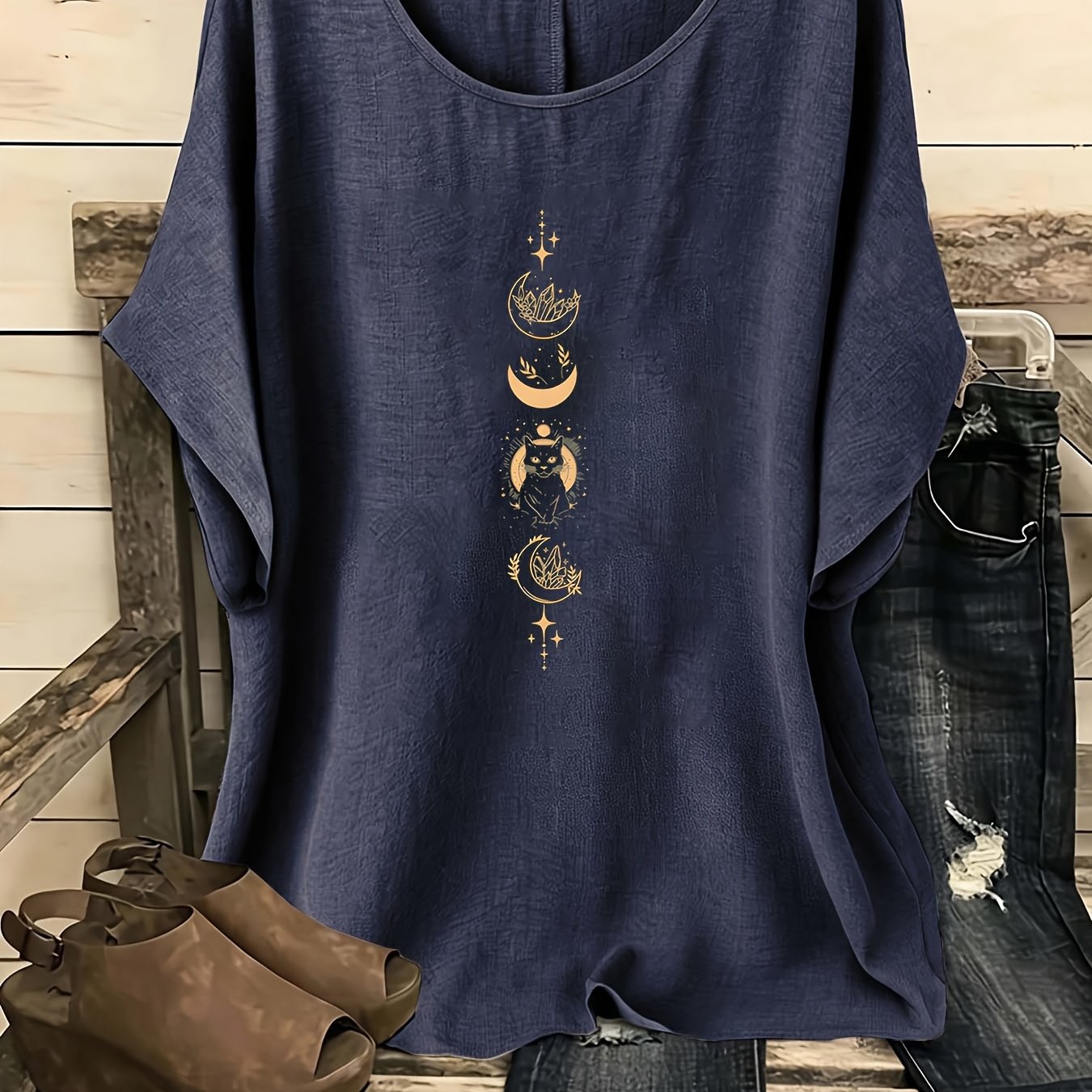 TEMU European And Easy Bohemian Style Retro Round Neck Short-sleeved Shirt, One-piece Women's Shirt, Retro Women's Clothing, Women's Shirt, Spring,
