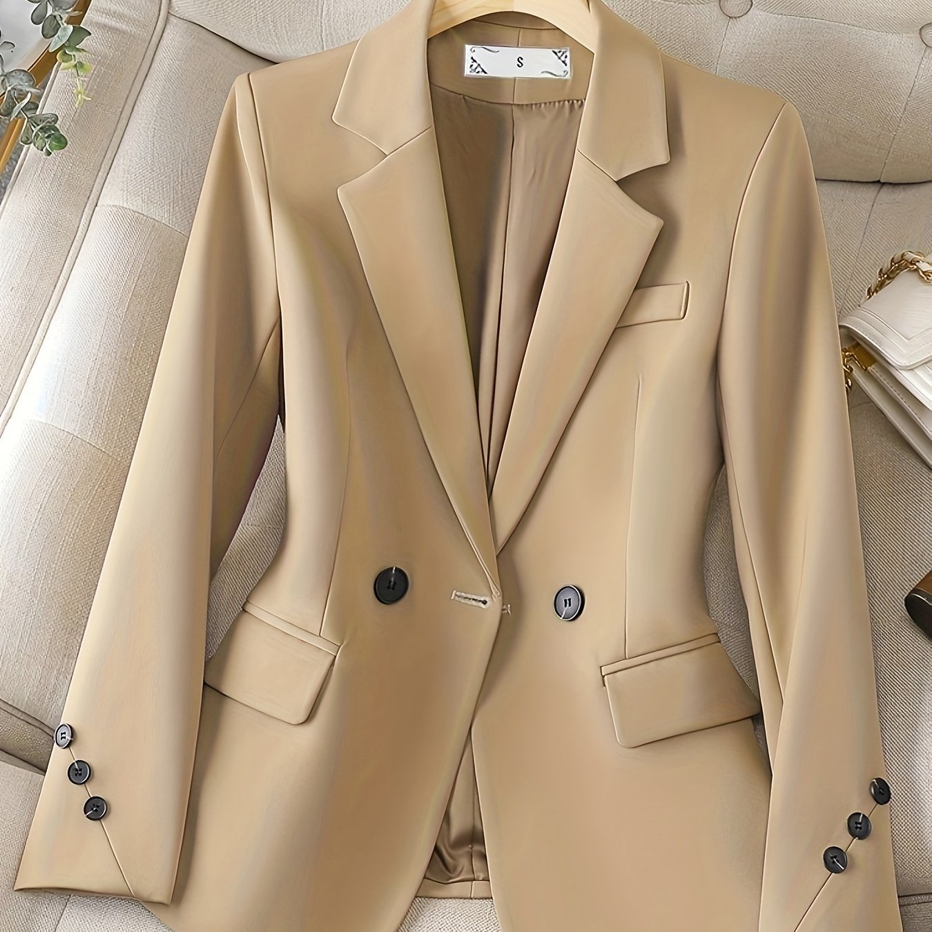 TEMU Notched Collar Button Front Blazer, Elegant Long Sleeve Blazer For Office & Work, Women's Clothing