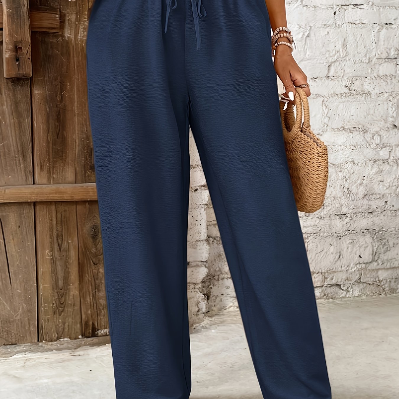 E-shop Plus Size - Plus Size - 2025 Plus Size Damen Einfarbige Gerade Lockere Hose mit Kordelzug