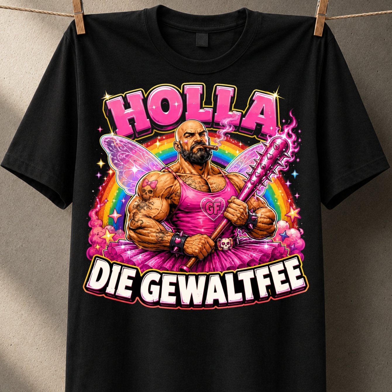 Image of Plus Size The -free Bodybuilder Fairy In Pink With Glowing Club Rainbow Stars And Bright Bubble Letters Fantasy Unisex All T-shirt, Plus Size
