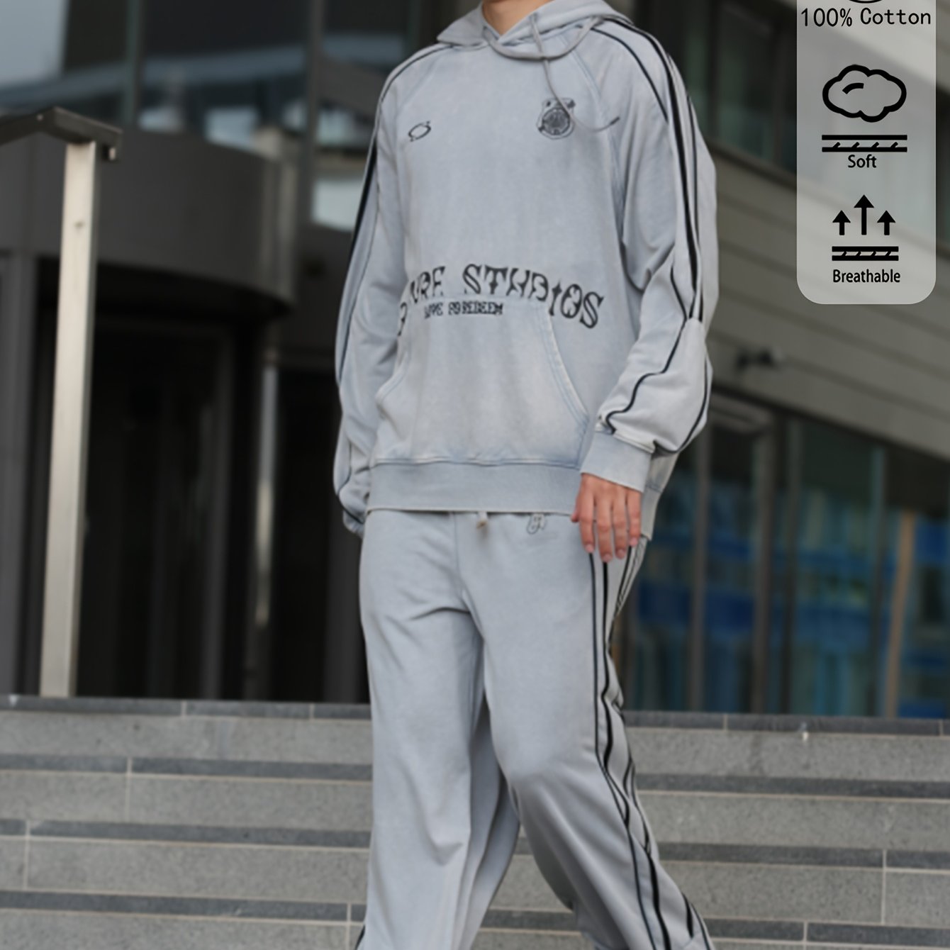 Image of Cotton Letter Print Men's Long-sleeved Tracksuit, New College Style Spring And Summer Sweatpants And Hoodies, Drape Fashionable, Soft And Breathable Fabric