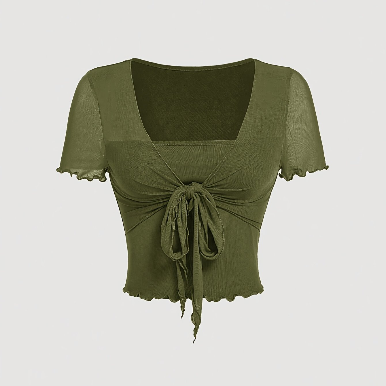 Image of Spring/summer Sexy Sweet And Spicy Mesh Front Knot Cuff Hem V-neck Short-sleeved Women's T-shirt