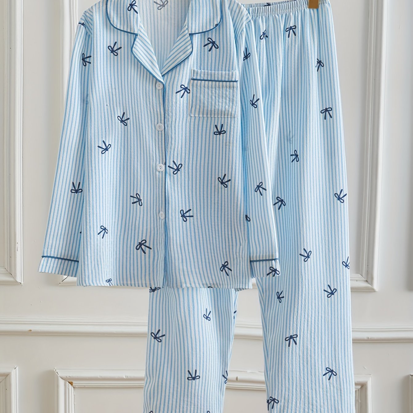 E-shop Bubble Rüschen Dünn Streifen & Schleifen Druck Damen Pyjama Set, Kontrastbesatz Revers Knopfleiste Langarm Hose Süß