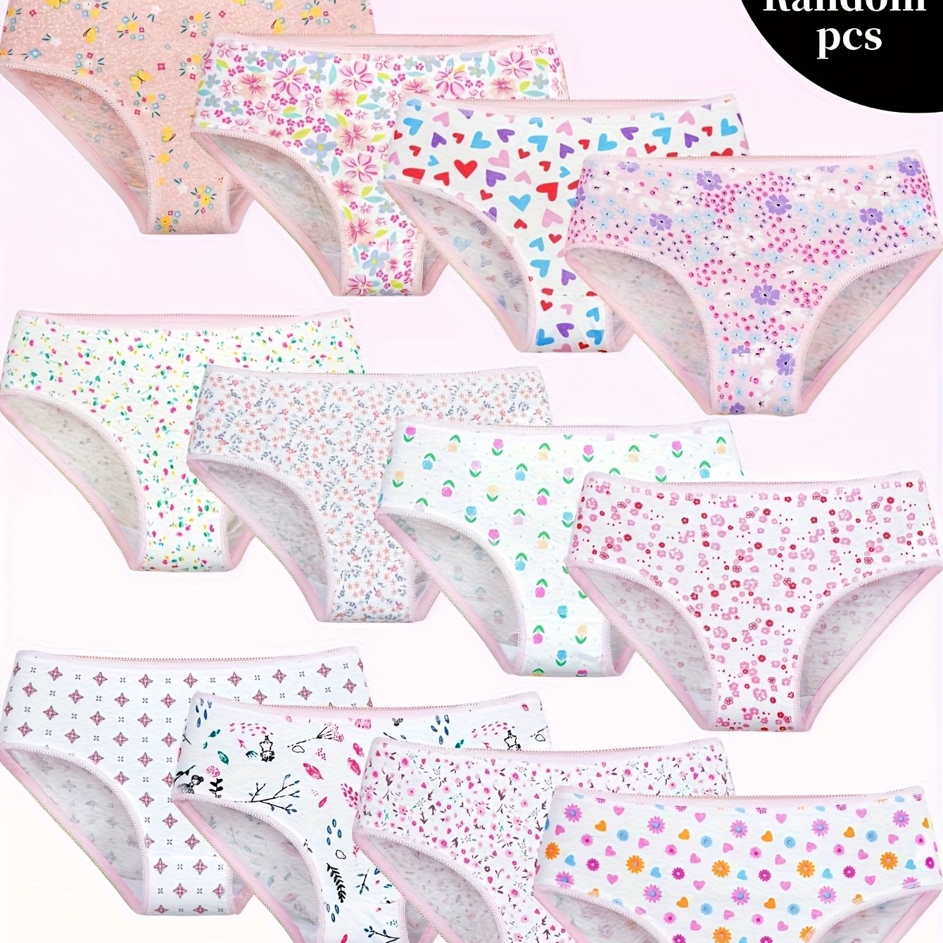Random 12pcs Girls Briefs, Girls Underwears, Cute Floral Prints Panties, Soft & Comfortable Gilrs Clothing