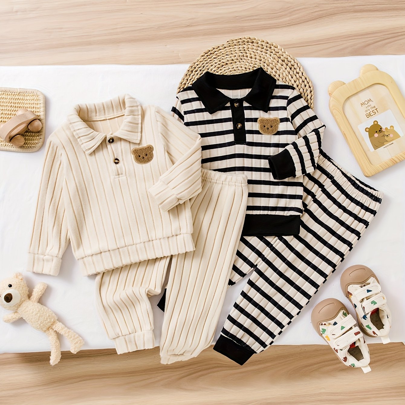 Image of 2 Sets (4pcs) Boys' Spring/autumn New Style Fuzzy Ribbed Fabric Striped Print Collar Cute Bear Patch Button Chest Solid Color Long Sleeve T-shirt And Long Pants Casual Fashion Set, Perfect For Outdoor
