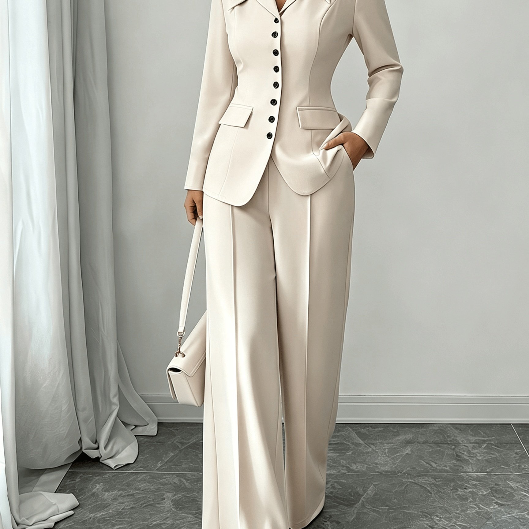 TEMU Women's High-end Apricot Slim-fit Suit Set With Waist-defining Single-breasted Jacket And Wide-leg Pants, 2pcs Commuter Professional Outfit