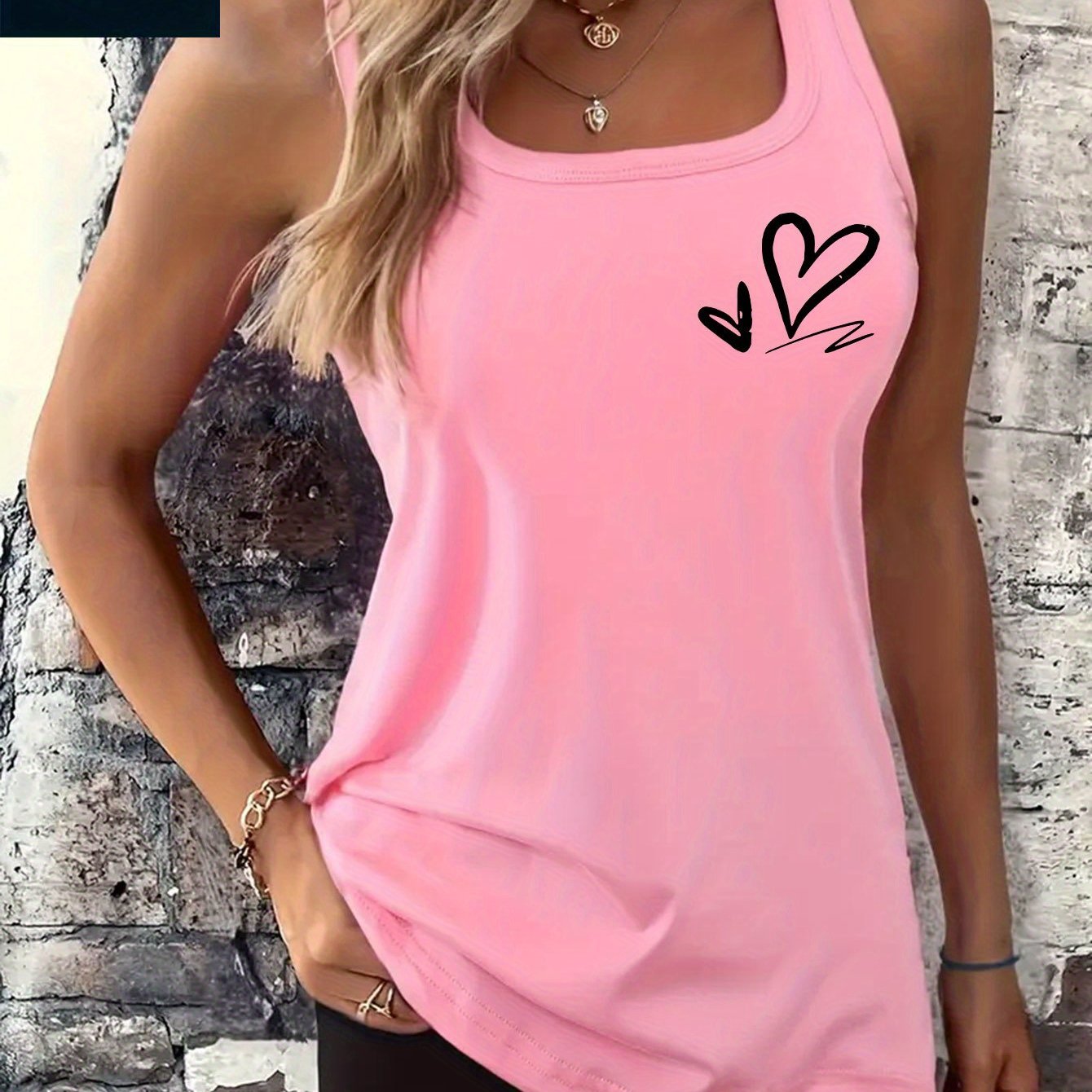 TEMU Ladies' Casual And Fashionable Simple Heart-shaped Printed Round Neck Fashionable S Sleeveless Vest, Suitable For Daily Wear In Summer