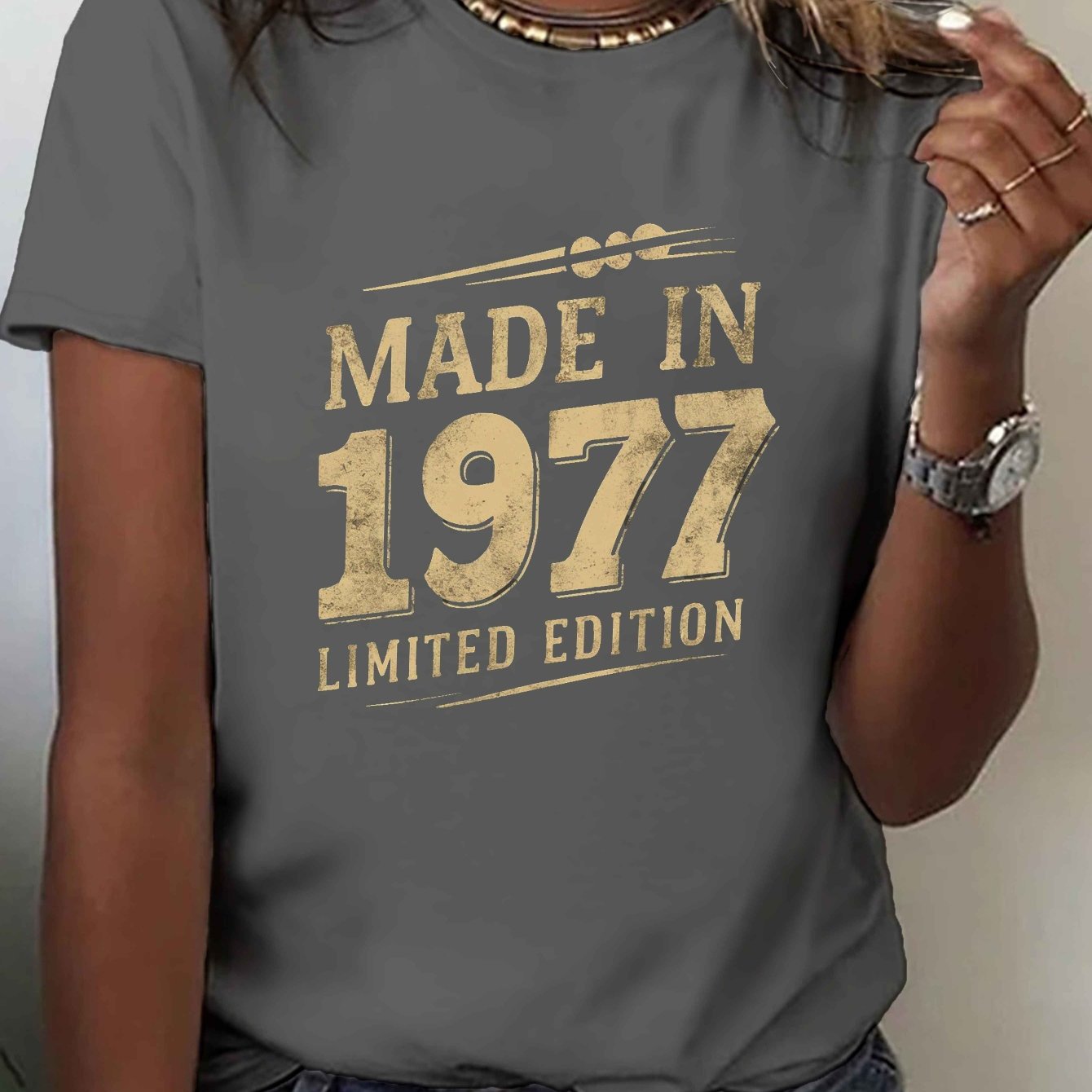 TEMU Made In 1977 T-shirt, Short Sleeve Crew Neck Casual Top For Summer & Spring, Women's Clothing