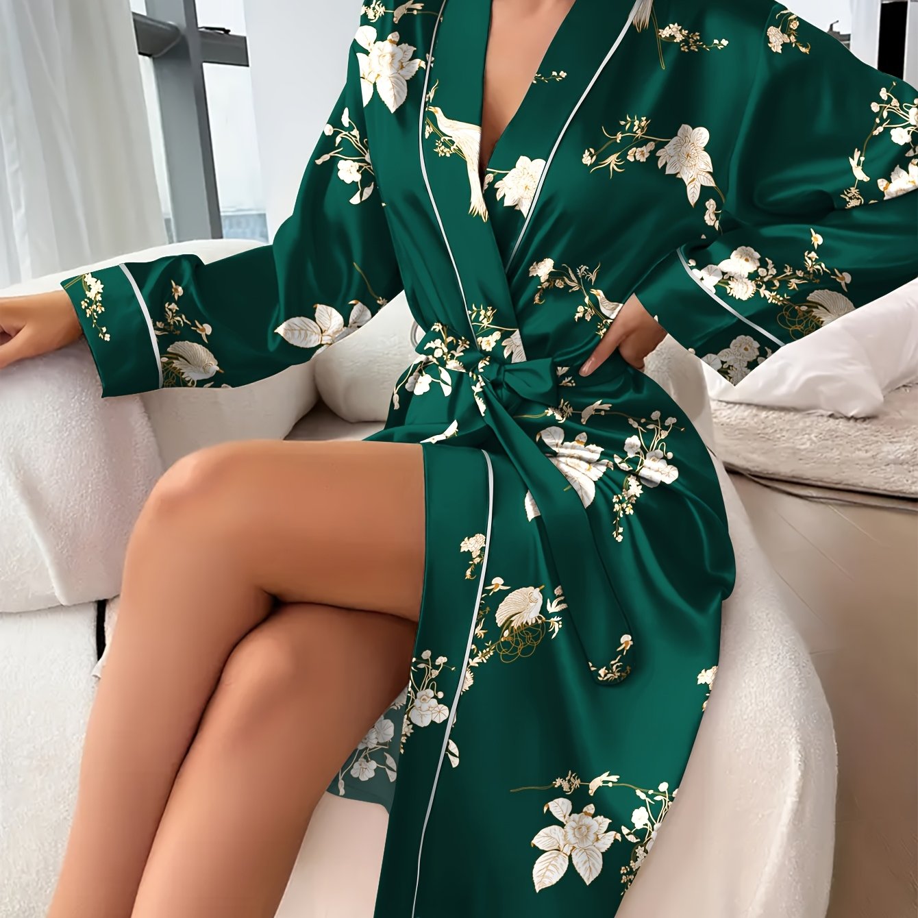 Satin-like Color Print Robe Long Robe Nightgown