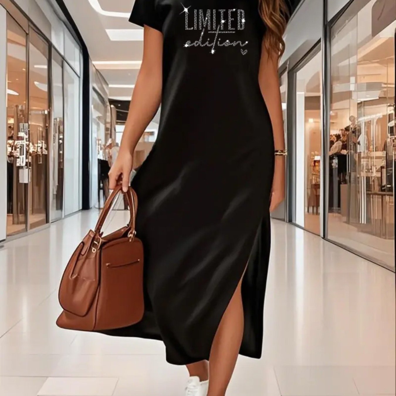 E-shop Damen Frühjahr/Sommer Neue Slim Fit Sportkleid mit Schlitz, Modisches Plus Size Kurzarmkleid mit Druck