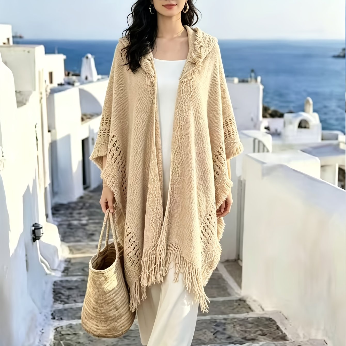 TEMU Beach Vacation Boho Fringe Hooded Shawl, Women Oversized Open Front Cardigan Poncho Outer Coat, Lightweight Cape Outer Top
