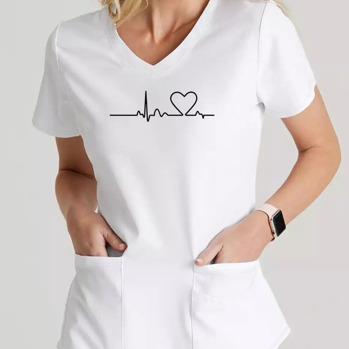 TEMU Staff T-shirt, Women's Stylish Short-sleeve V-neck Top, Promoting A Healthy Lifestyle, Featuring An Ecg Print For A Casual And Comfortable Nurse