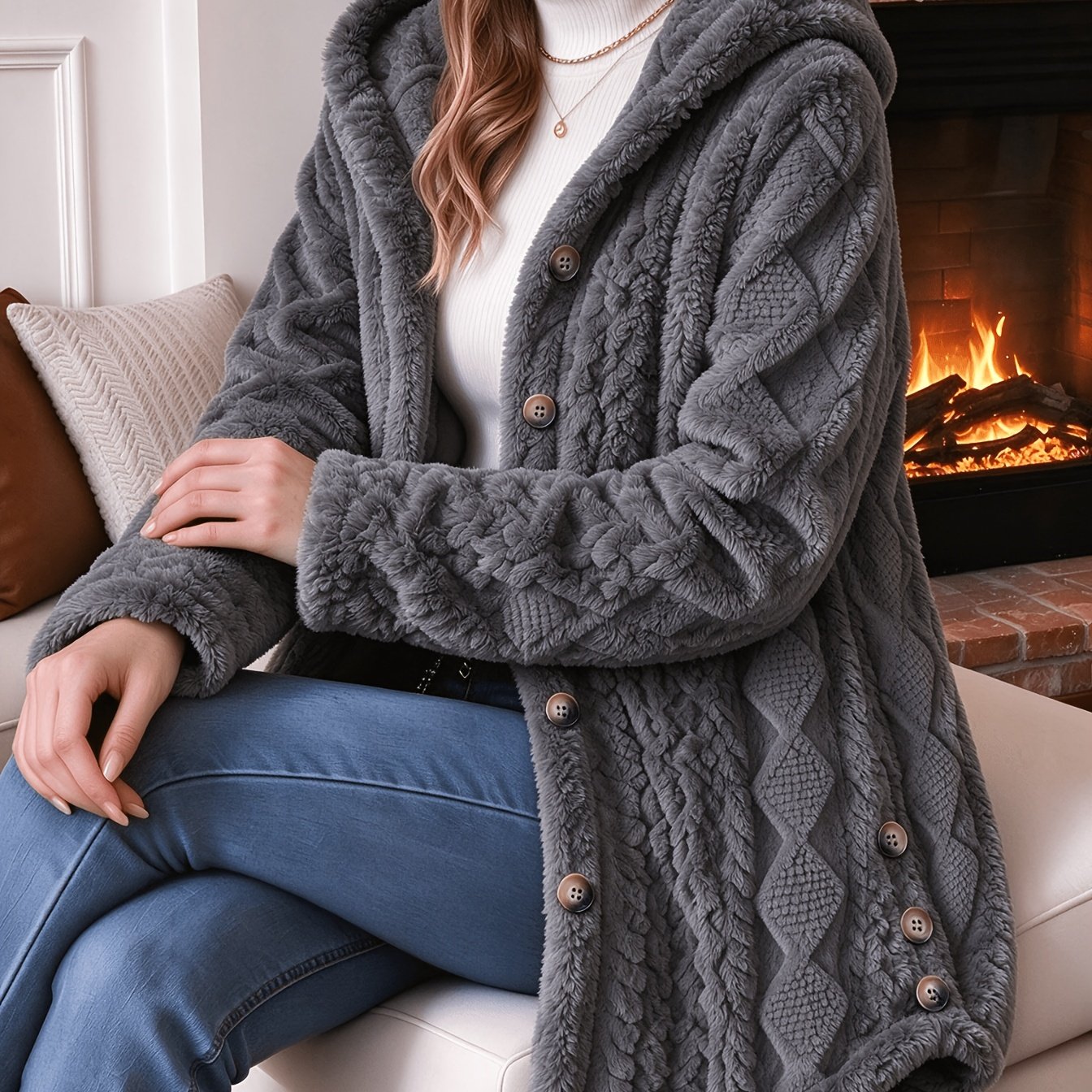 TEMU Cardigan élégant et chaud à capuche en jacquard pour -hiver, vêtement d'extérieur décontracté