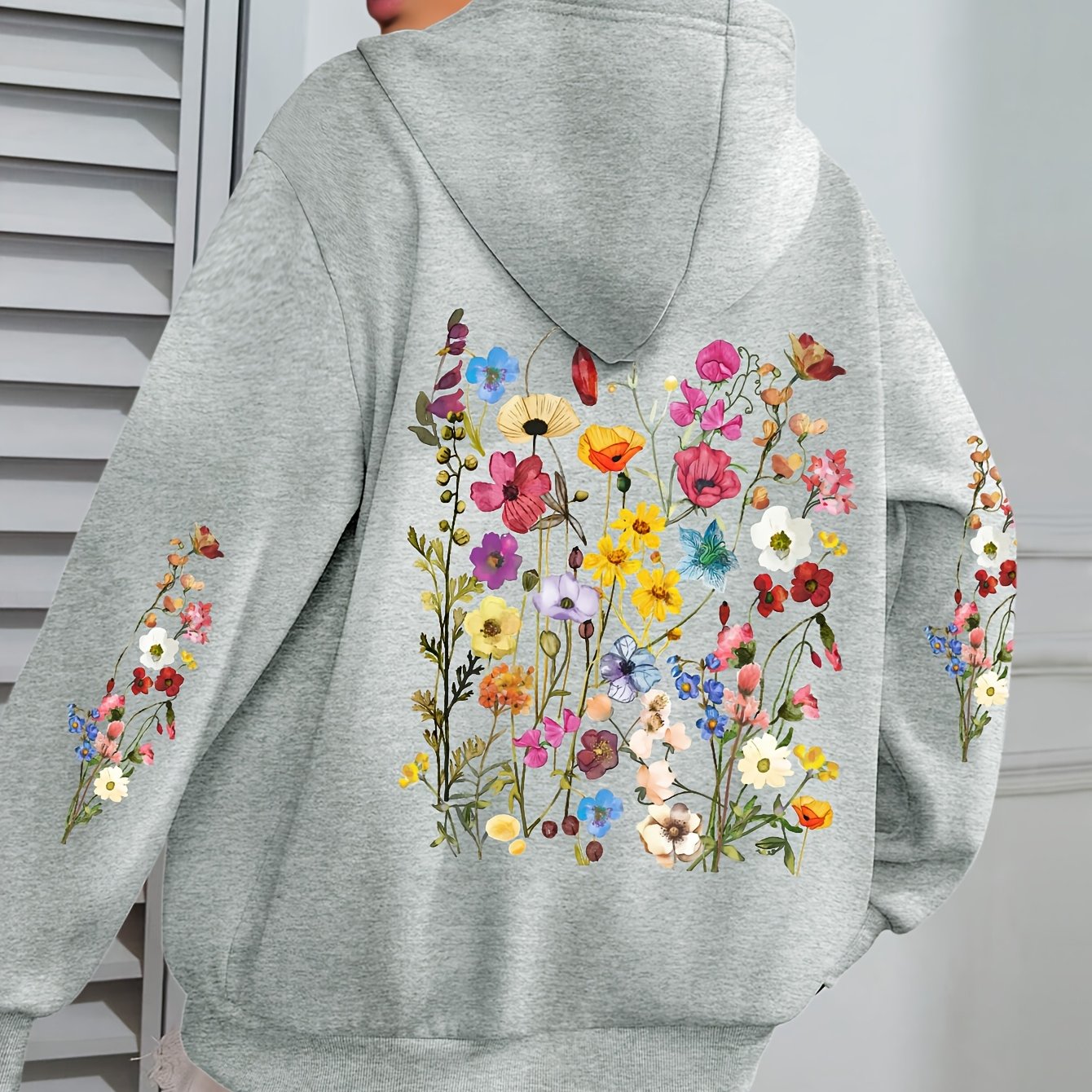 TEMU Plus Size Flower Print Hoodie, Casual Fashion Sweatshirt, Hooded Pocket Drawstring Sweatshirt For Fall & Winter, Women's Clothing