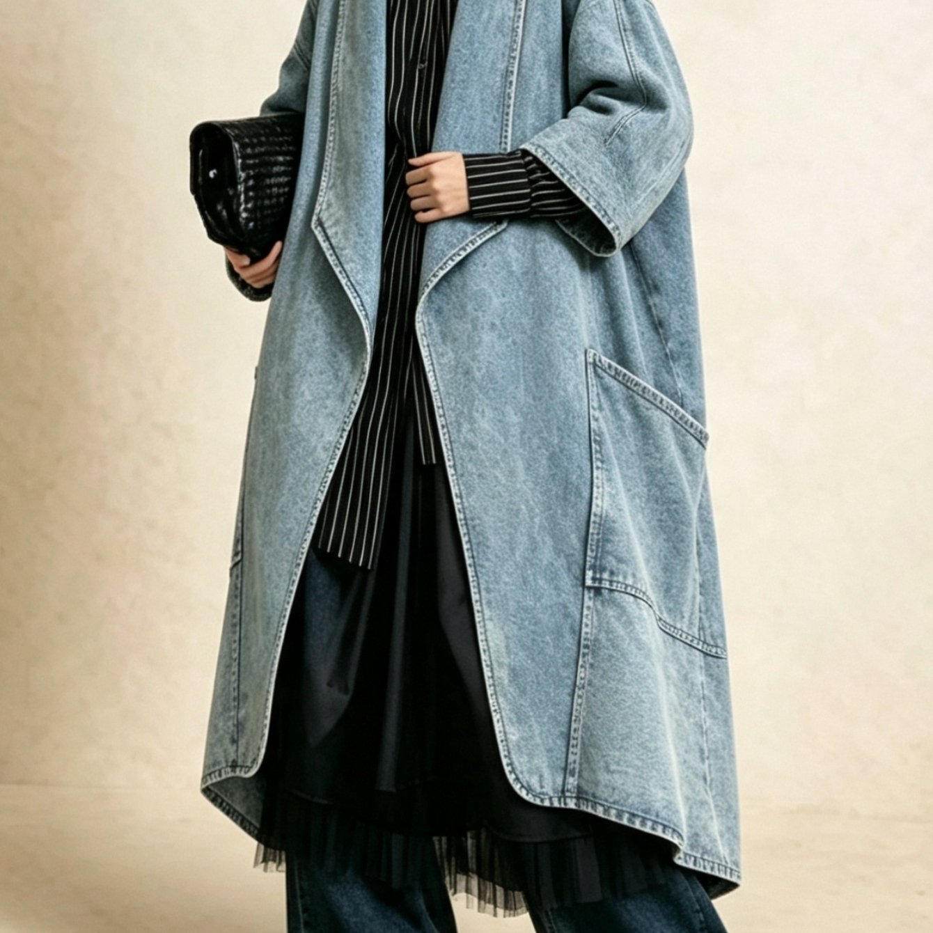 TEMU Women's Fashionable Long Denim Trench Coat, Light Blue Washed Denim Cardigan, Loose Fit, Collarless, Large Pockets, Batwing Sleeves, Oversized,