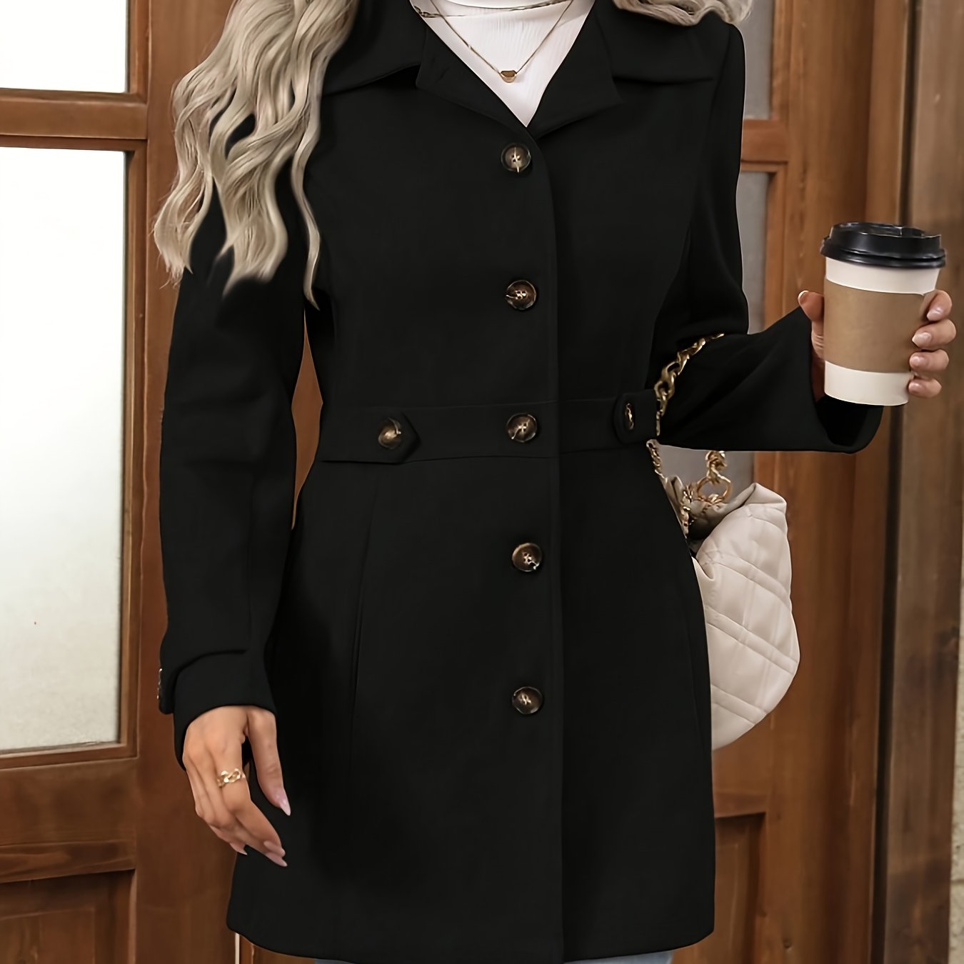 TEMU Elegant Women's Fashion Tweed Coat, Stylish Waist-cinching Mid-length Solid Color New Autumn/winter Overcoat