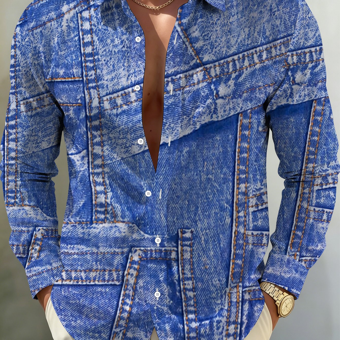 TEMU Plus-size Men's Long-sleeve Shirt With Denim-, Printed Shirt With Denim Elements For Plus-size Men, Print Men's Shirt, Loose Fit Casual