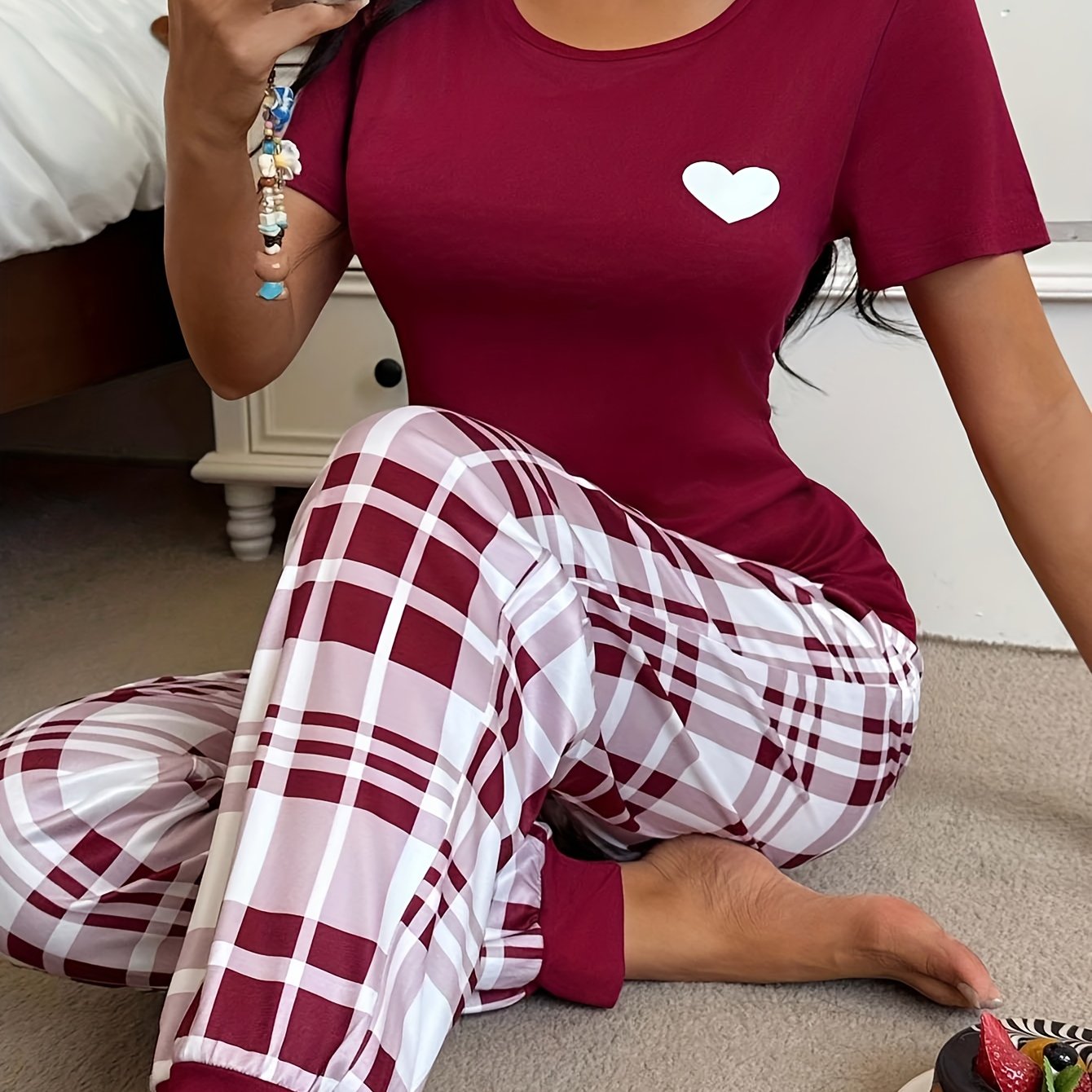 Image of 2pcs Set Of Heart-patterned Red And Long-pants Pajamas, Featuring A Round Neckline, , Burgundy Pajama Set, And Pajama Set