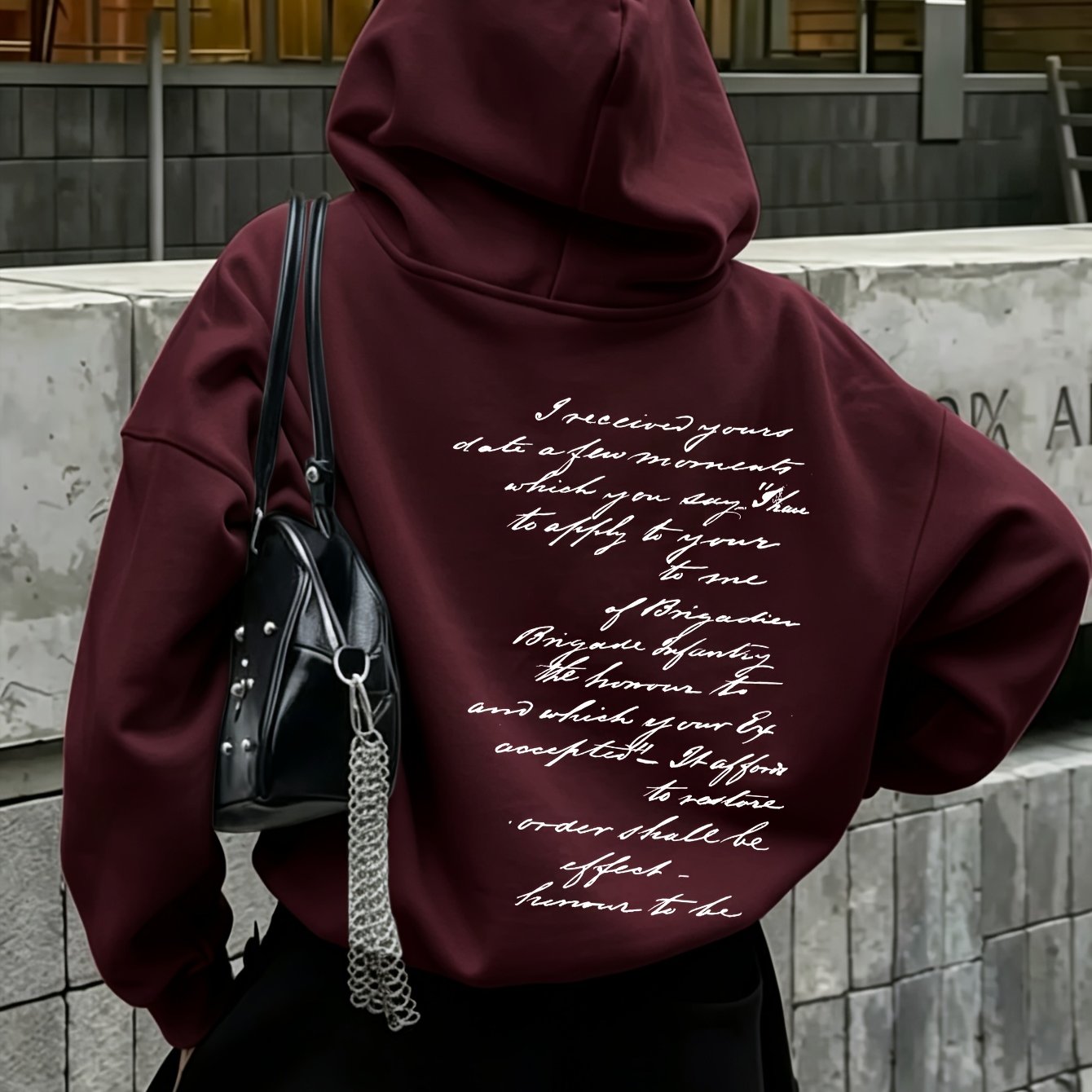TEMU Autumn/ Street Women's Hooded Sweatshirt, Vintage Cursive English Print, Trendy Brand Fashionable Versatile Daily Casual Sweatshirt, Loose