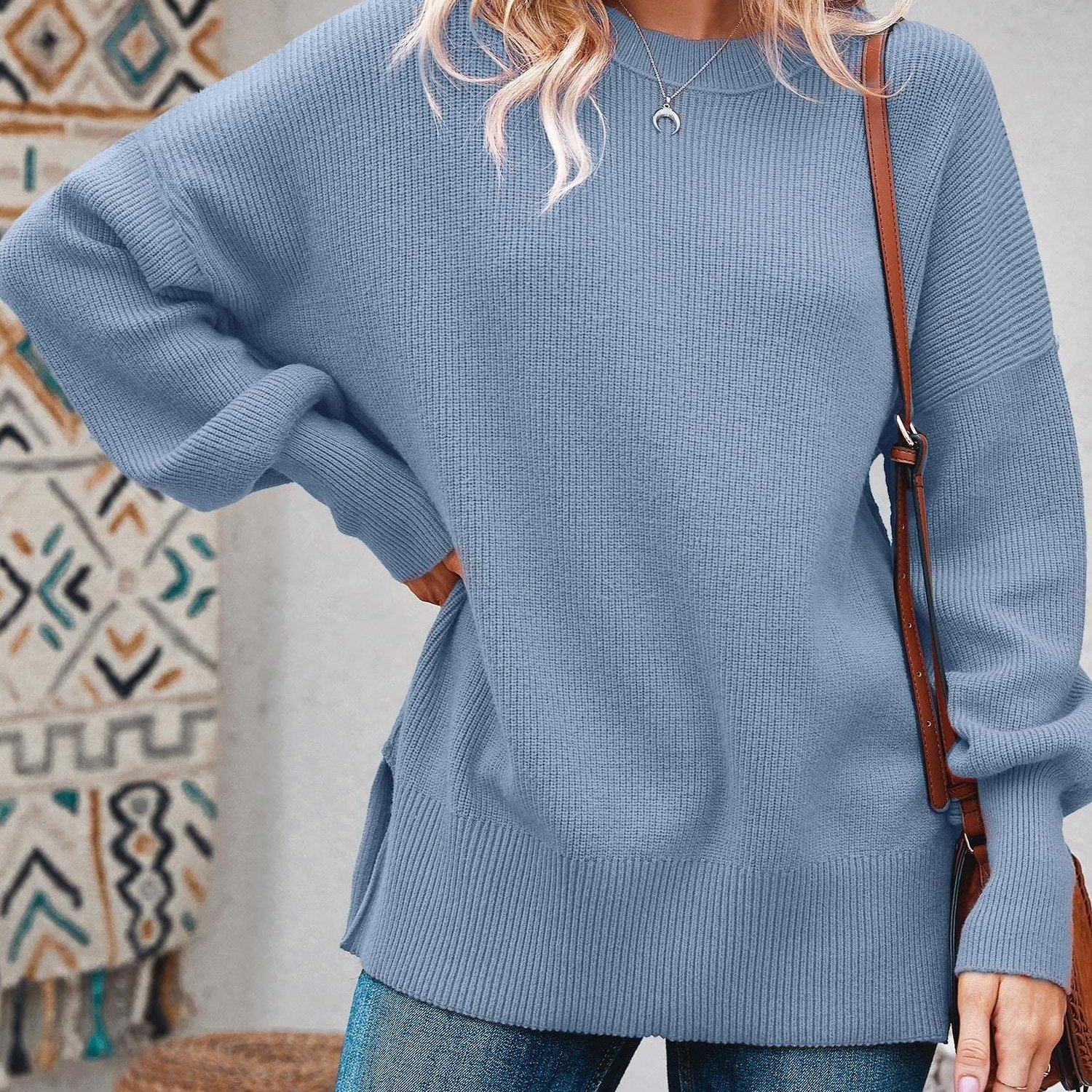 Women' Oversized Tunic Sweater - Slouchy Long Sleeve Ribbed Pullover With Side Slit, Soft Loose-fit Jumper For Spring Summer Fall Layering, Machine Washable Solid Color Sweaters