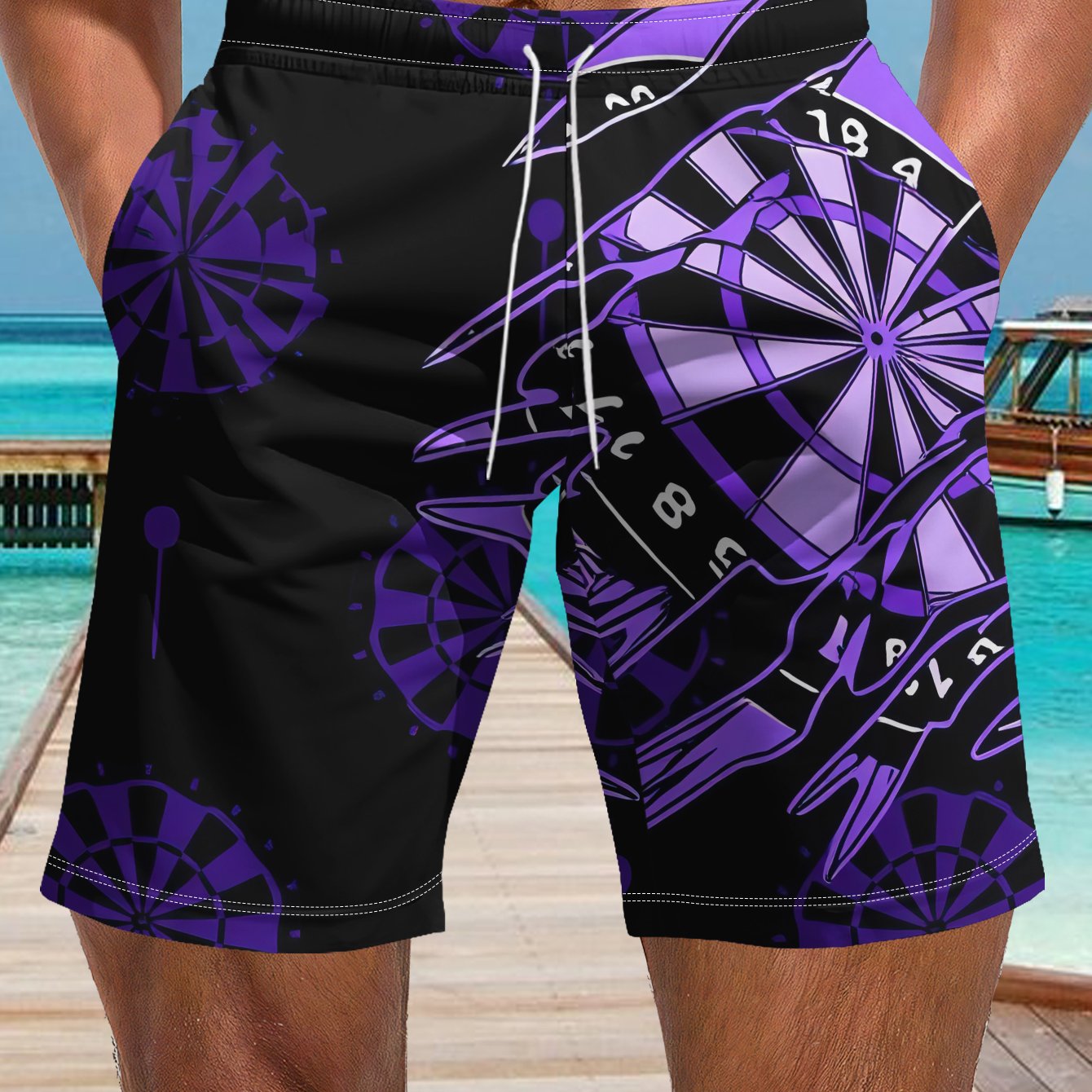TEMU Men's Beach Vacation Shorts With A Purple Dartboard And Darts Pattern On A Black Background, Graphic, Drawstring Waistband, For , Men's Casual