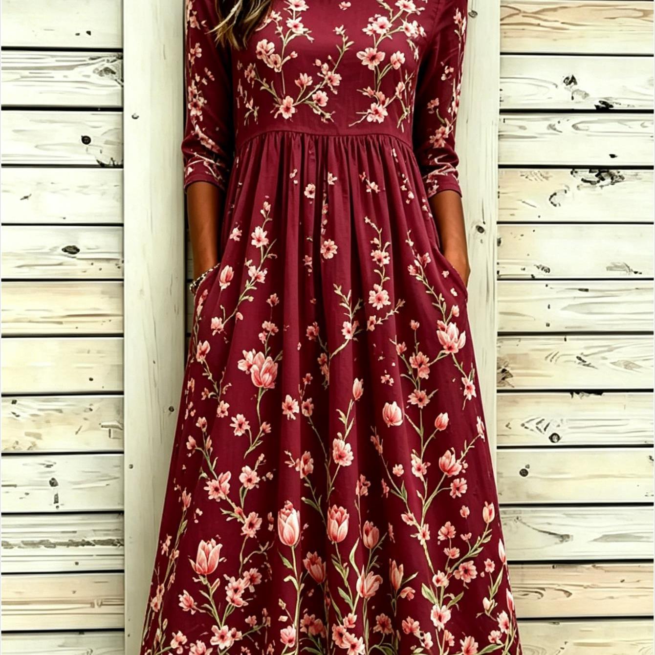 Plus Size, Plus-size Women's Floral Print Summer Round Neck Pocket Mid-length Dress