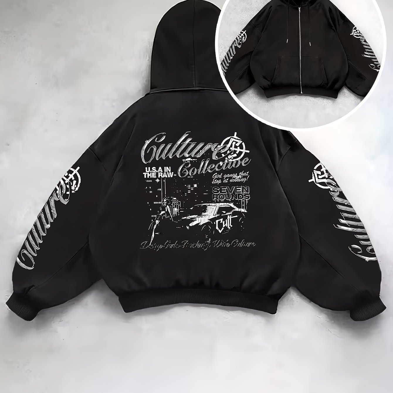 TEMU New Autumn/winter Streetwear Car English Print Zipper Hooded Sweatshirt, Unisex Gothic Style, Full Letter Print On Sleeves, Drawstring Long