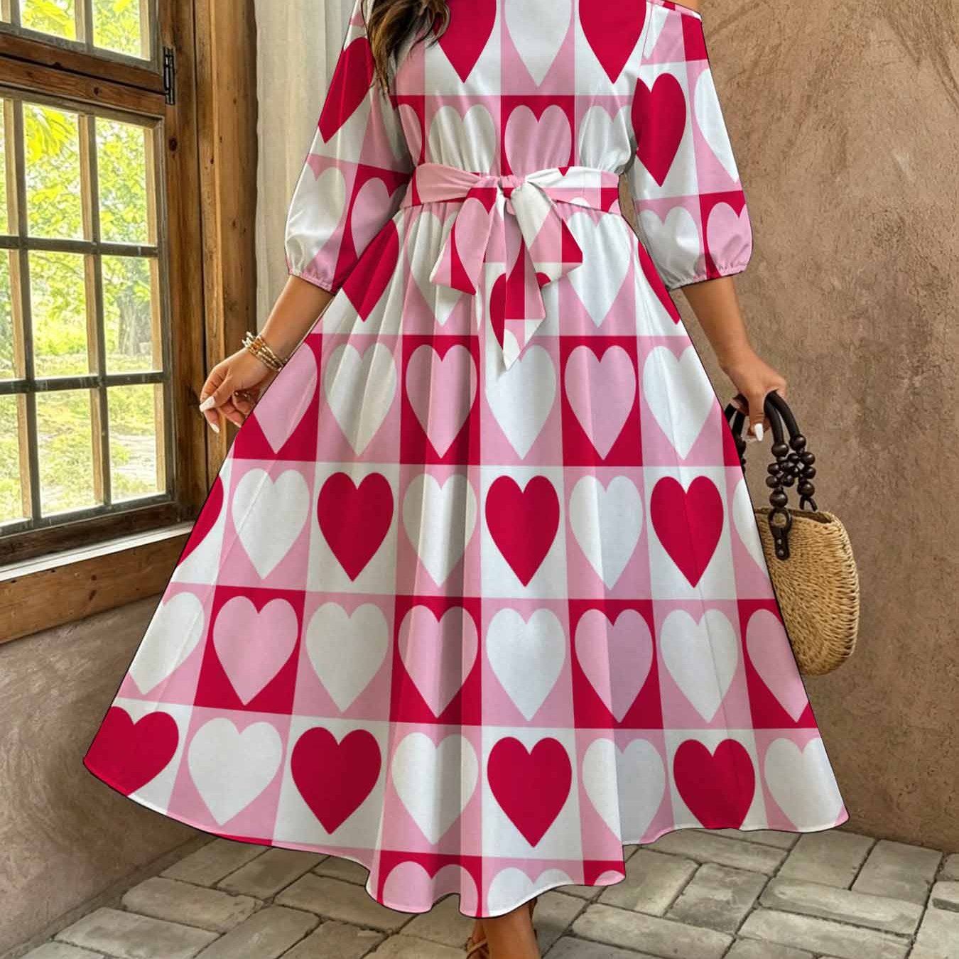 Image of Plus Size Print Off-shoulder Maxi Dress, Romantic Casual Belted Elegant Flowy Long Dress, Bohemian Aesthetic, Red Pink Block