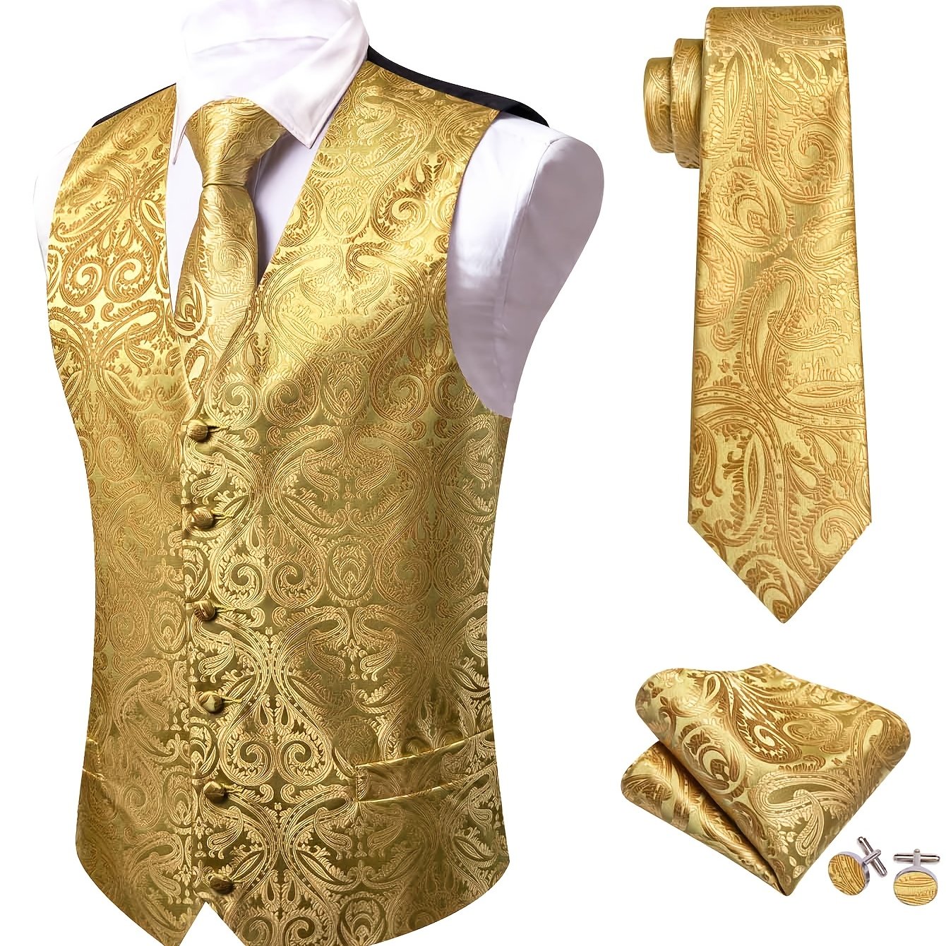 Image of Retro Paisley Vest Gilet Mens Yellow Golden Vest Casual Loose Sleeveless Fashion Waistcoat - S-xxxl