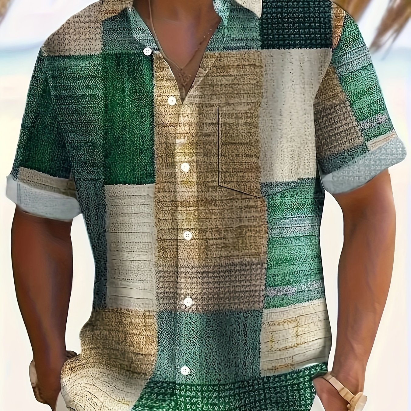 TEMU Men's Oversized Short Sleeve Shirt With Contrasting Color Patterns, Perfect For Summer Street Style, Designed For Plus-size Individuals
