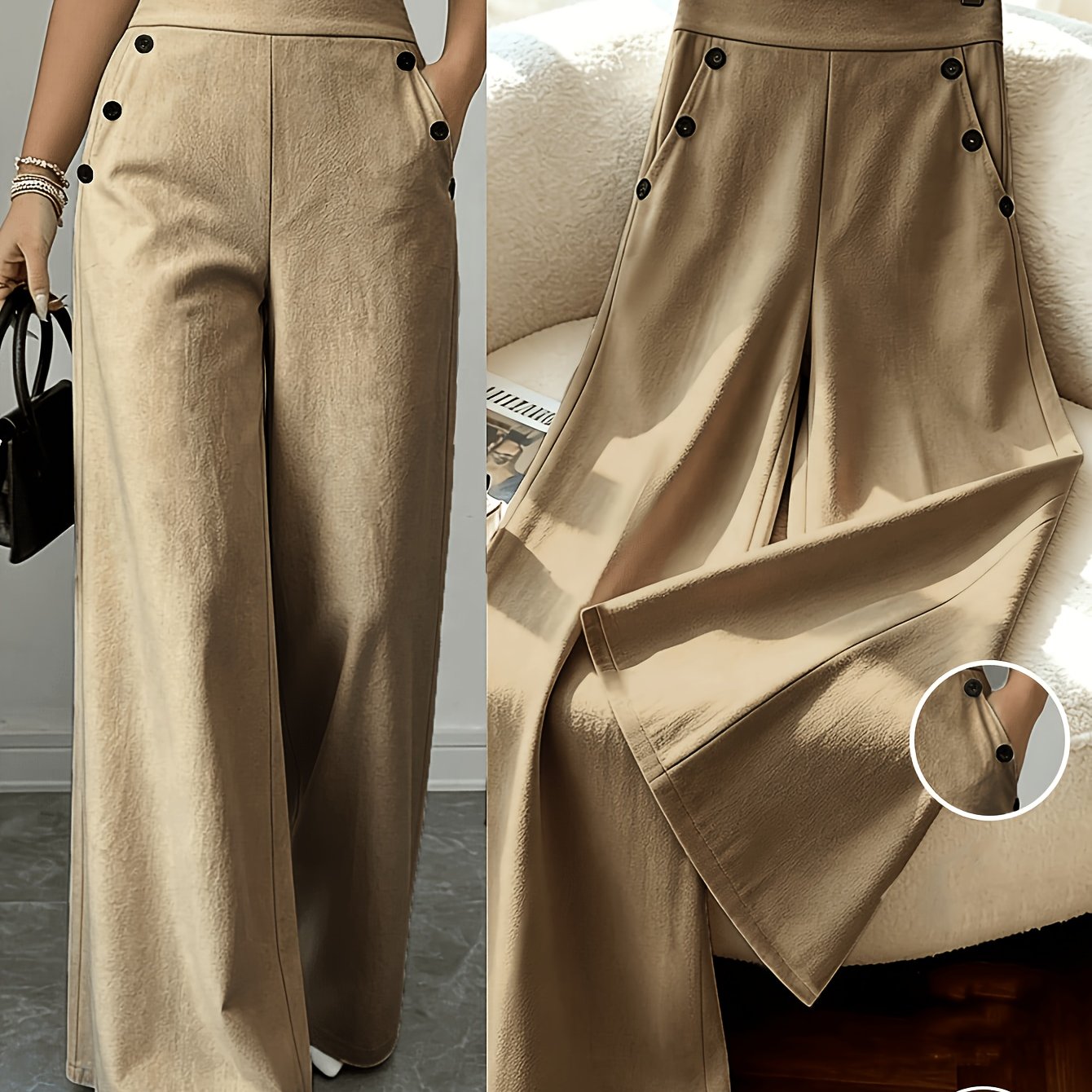 TEMU Button-front Wide-leg Pants With A Relaxed, Draped High-. Versatile Trousers Are Perfect For Work And Casual Occasions. The Simple Yet Elegant