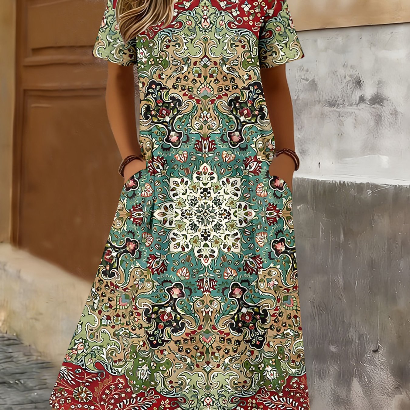 TEMU Plus Size, Fashion Long, Round Neck, Short Sleeve, Elegant Plus-size Dress