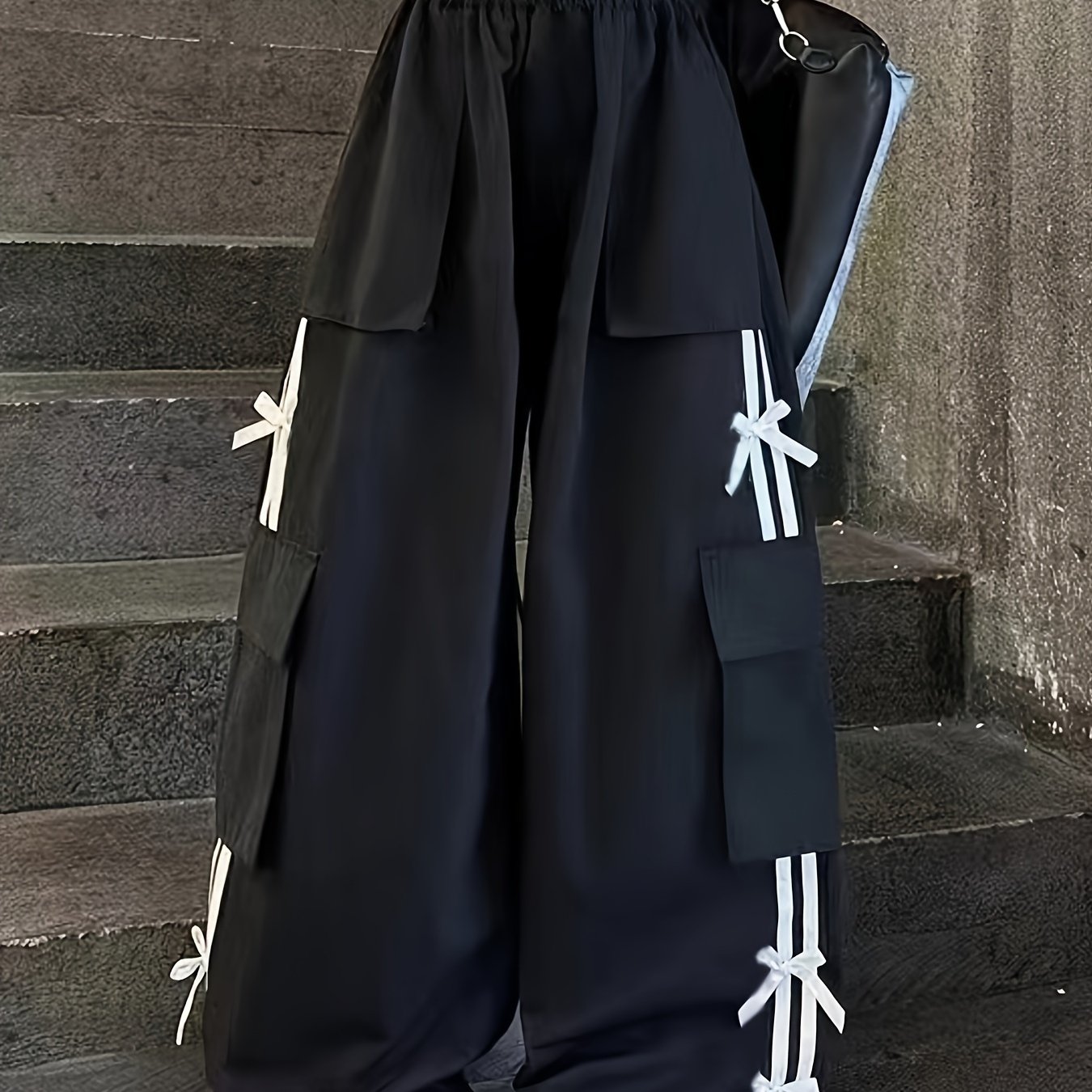 Image of ' Y2k Cargo Pants With Elastic Waist - Wide-looking Practical Pants Suitable For Spring/autumn, Loose Fit Pants For, & Korean Fashion Outfits (), Perfect For Outdoor
