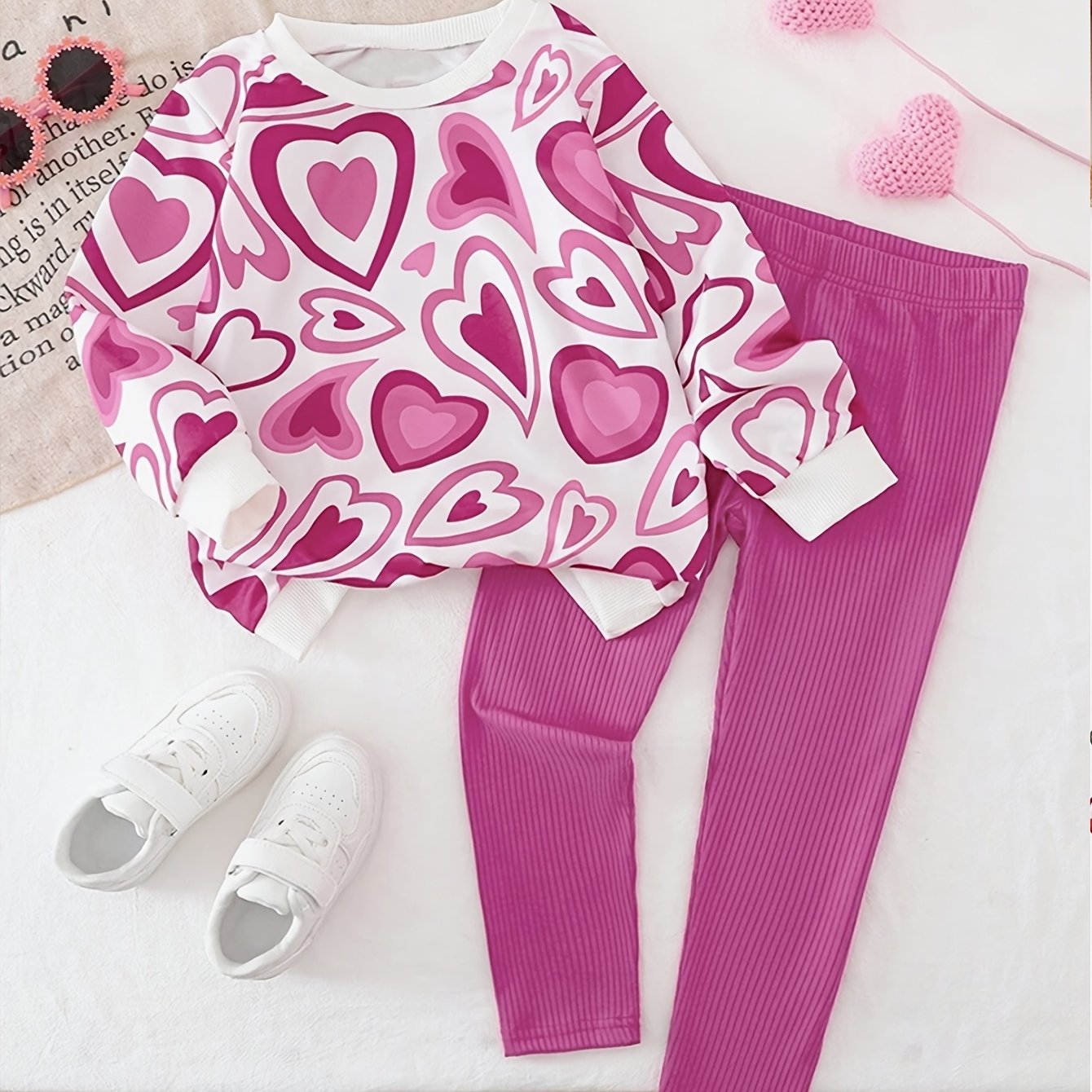 Image of Girls' And Teenager 2pcs Set, Including 1pc Heart Pattern Long Sleeve Top And 1pc Casual Pink Pants, For Outdoor, Christmas, Halloween