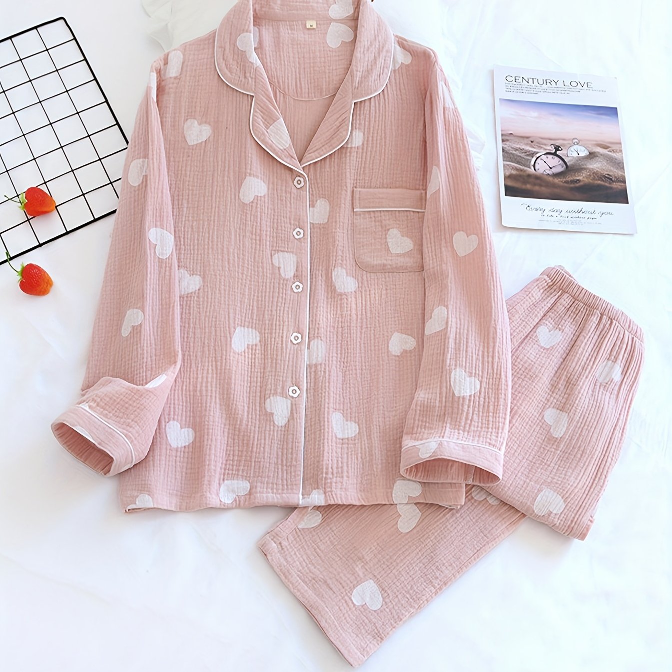 Image of 2pcs Set Of Women's Gauze Pajamas With Turn- Collar, Spring/autumn Thin Style Loose Wear