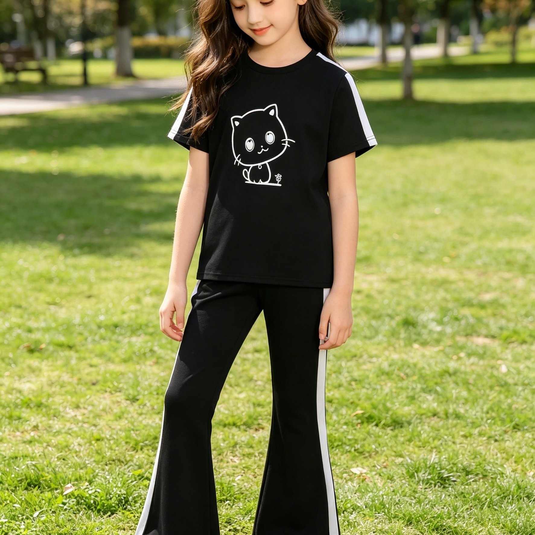 Girls' (big) Casual All-match Side White Flared Pants Print Cute Kitten Top Set, For Outdoor