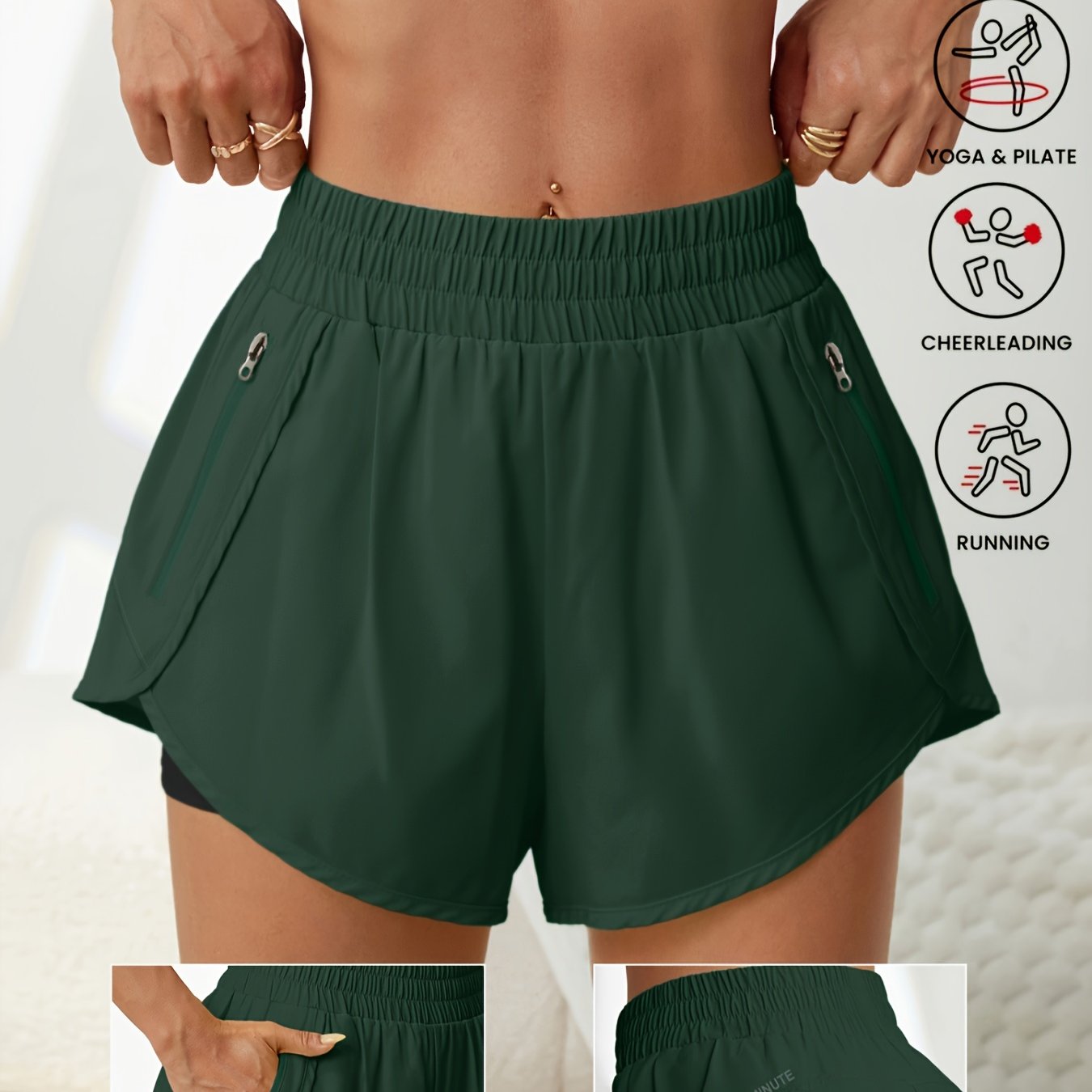 Women's Casual Sports Quick-dry Double-layer Shorts With Zippered Pockets