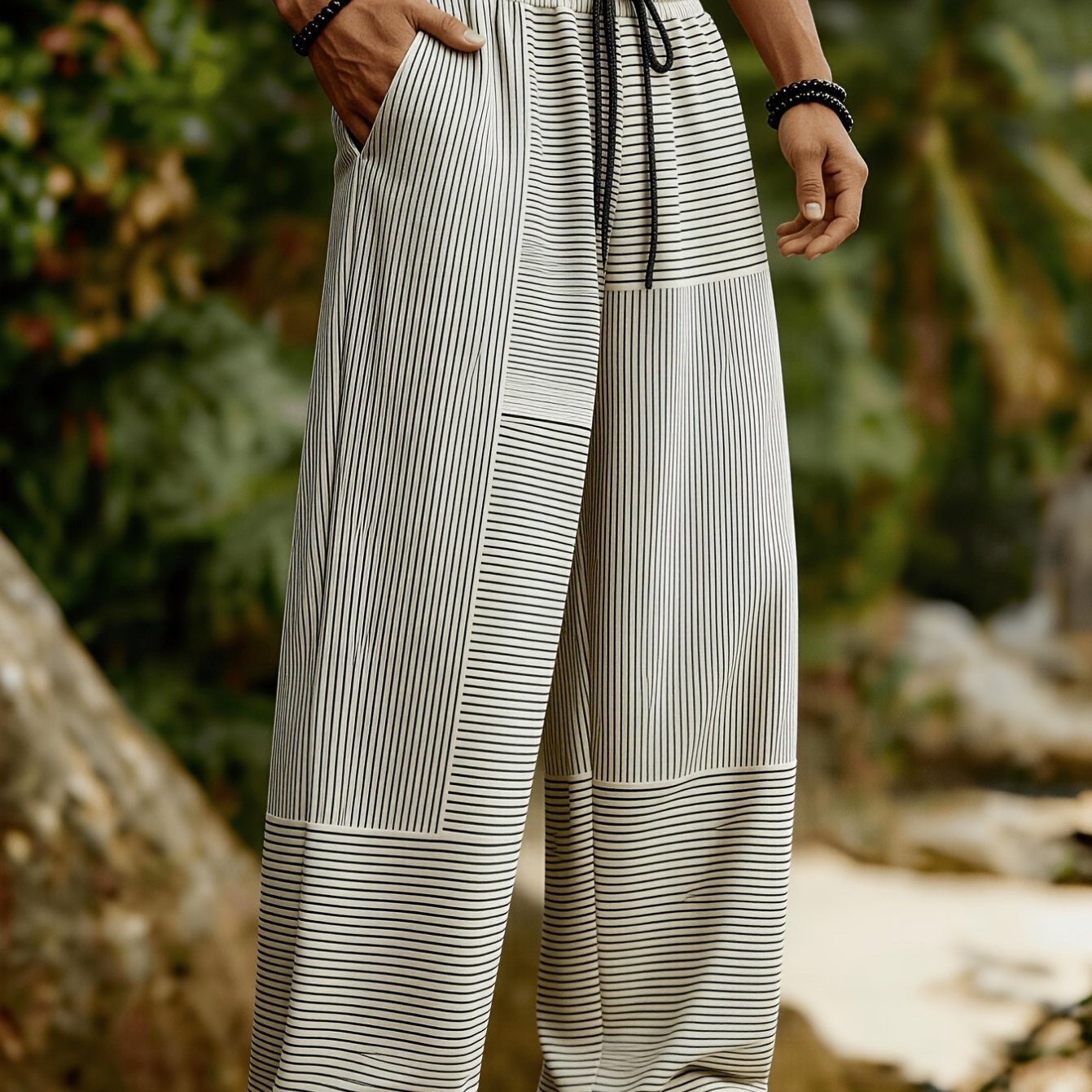 Men's Plus Size Casual Pants Summer Loose Striped Printed Wide Leg Pants Trendy Vacation - Style Draped Straight - Leg Pants Outdoor Beach Drawstring Trousers, Plus Size