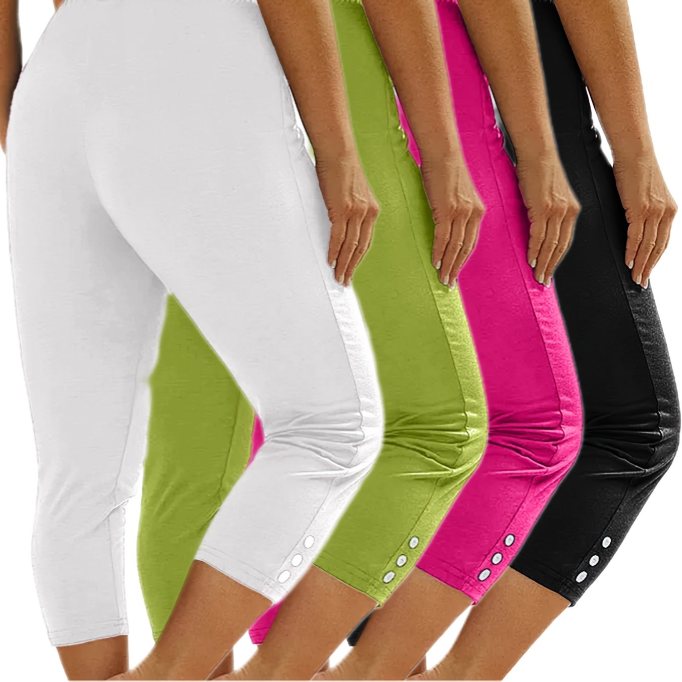 Image of 4- Size Women's 7/8 Length Athletic Pants, High-stretch Comfortable, Button-decorated Fitness Leggings, Workout Yoga Tights Running Pants