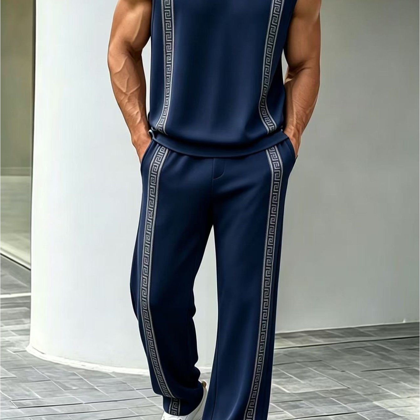 Summer Men's Sleeveless Vest Set Gray Greek Key Wide-leg Pants 2pcs Set