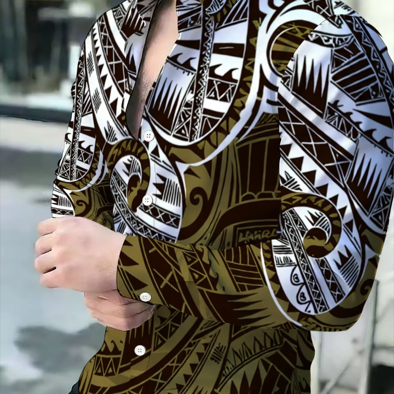TEMU Polynesian Tribal Totem Men's Long Sleeve Shirt, Vintage Mayan Geometric Tattoo Pattern Lapel Shirt