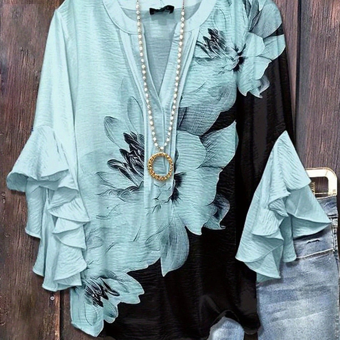 Image of New Arrival Women's Ruffle Sleeve Top, Black& Teal Color-block Ink Floral Print, Summer Cool& Comfortable Blouse, Fashion Versatile Design Outdoor Streetwear
