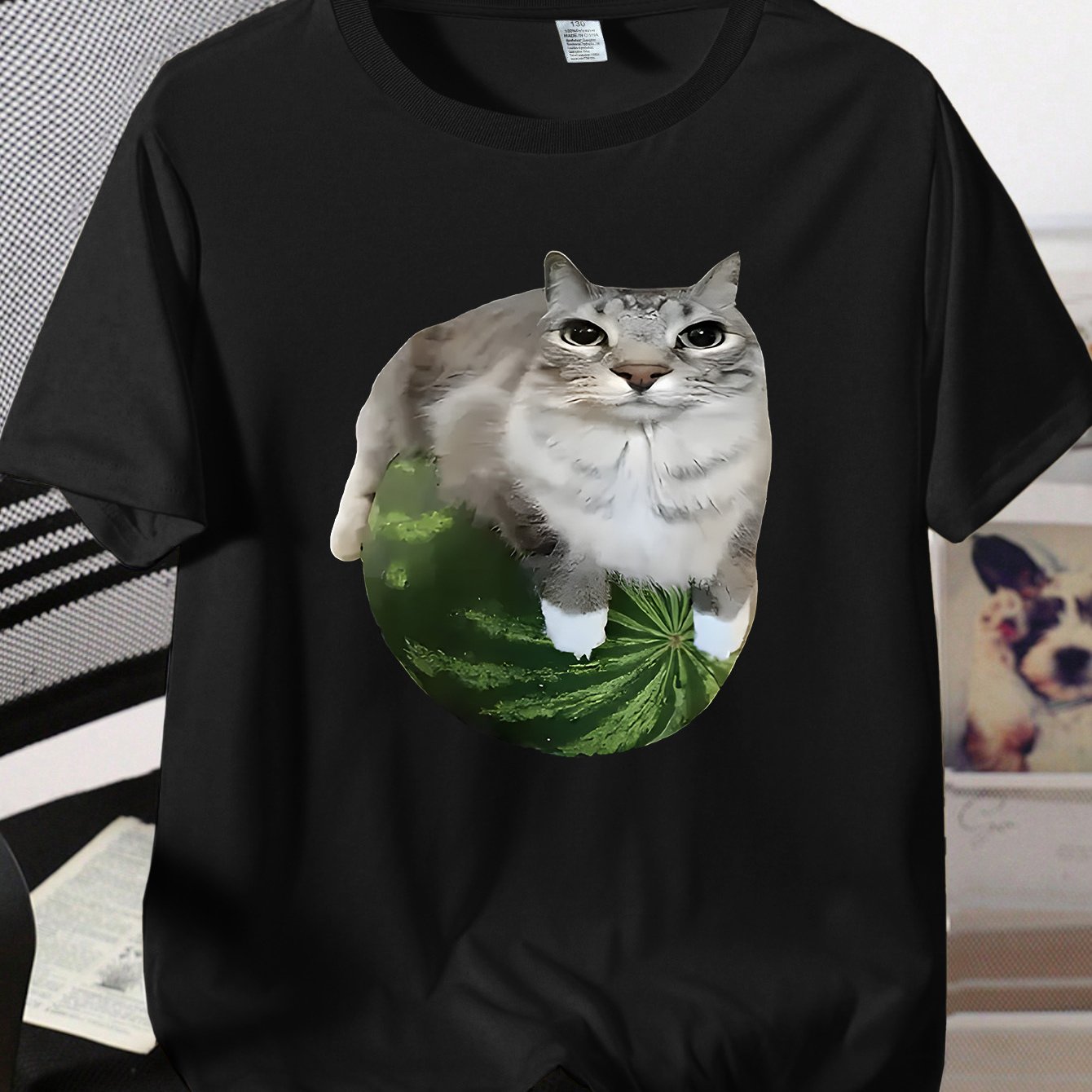TEMU Fun And Cute Boys' T-shirt- Black Round Neck Summer Top With Abstract Watermelon Cat Pattern- Lihtweiht Stretch Shirt Suitable For Aes-- Aily