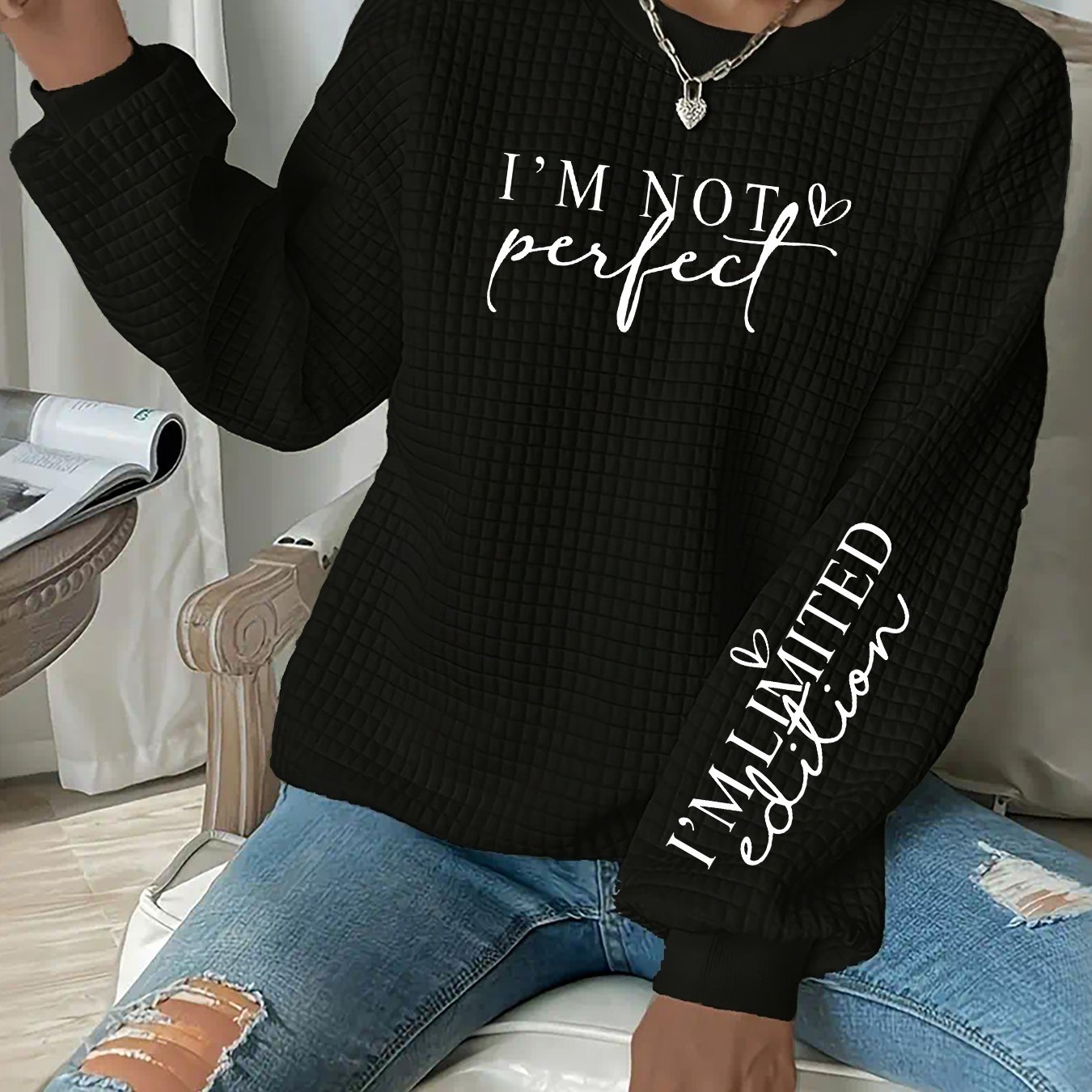 TEMU Plus Size, Plus Size Women's Casual Fashion Printed Sweatshirt - New Autumn/winter Waffle Long Sleeve Drop Shoulder Loose Fit Round Neck