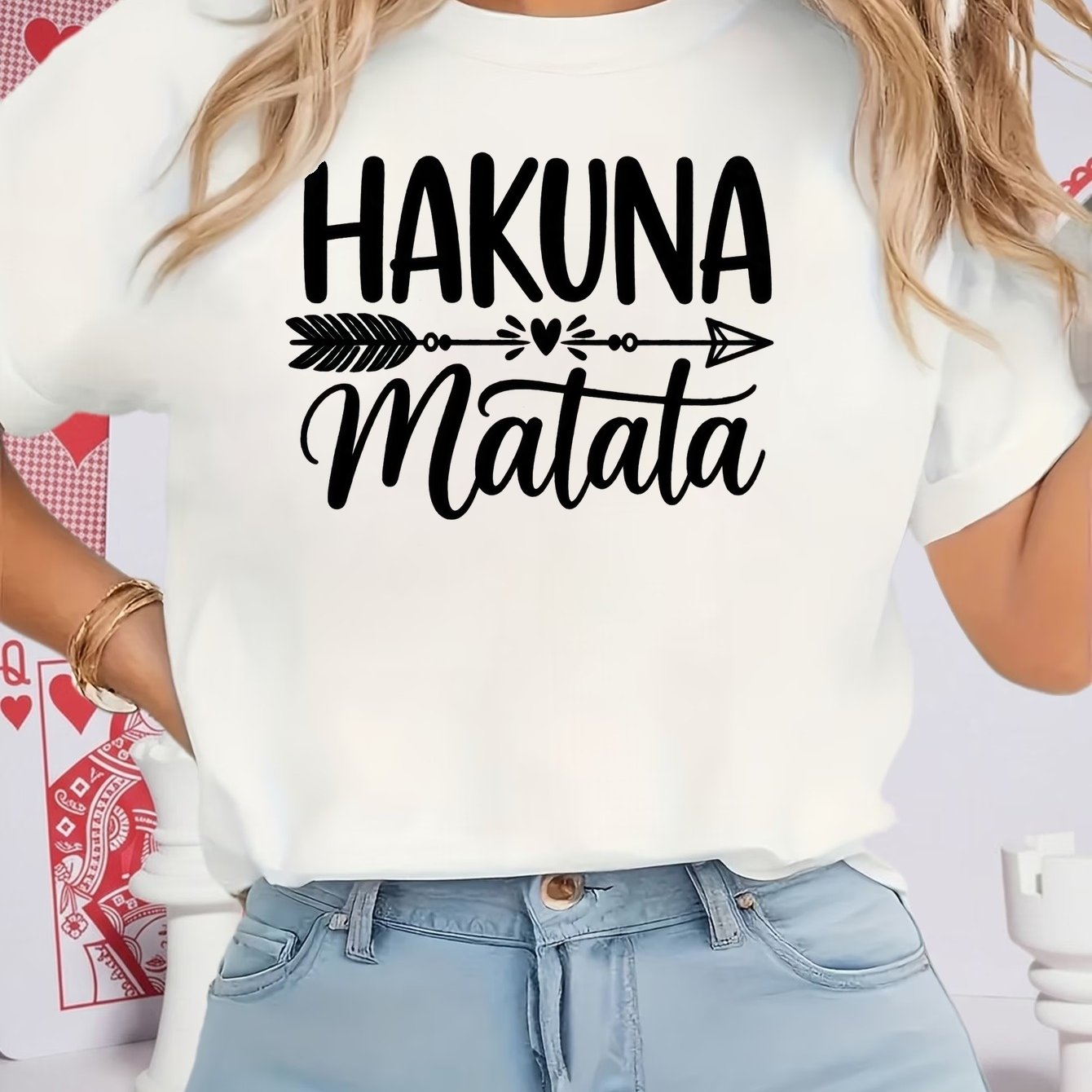 Image of Women's Oversized T-shirt, Letter Arrow Heart Graphic Tee, Casual Streetwear Short Sleeve Top, Trendy Summer Fashion, Minimalist Aesthetic Daily Wear Dx1354w