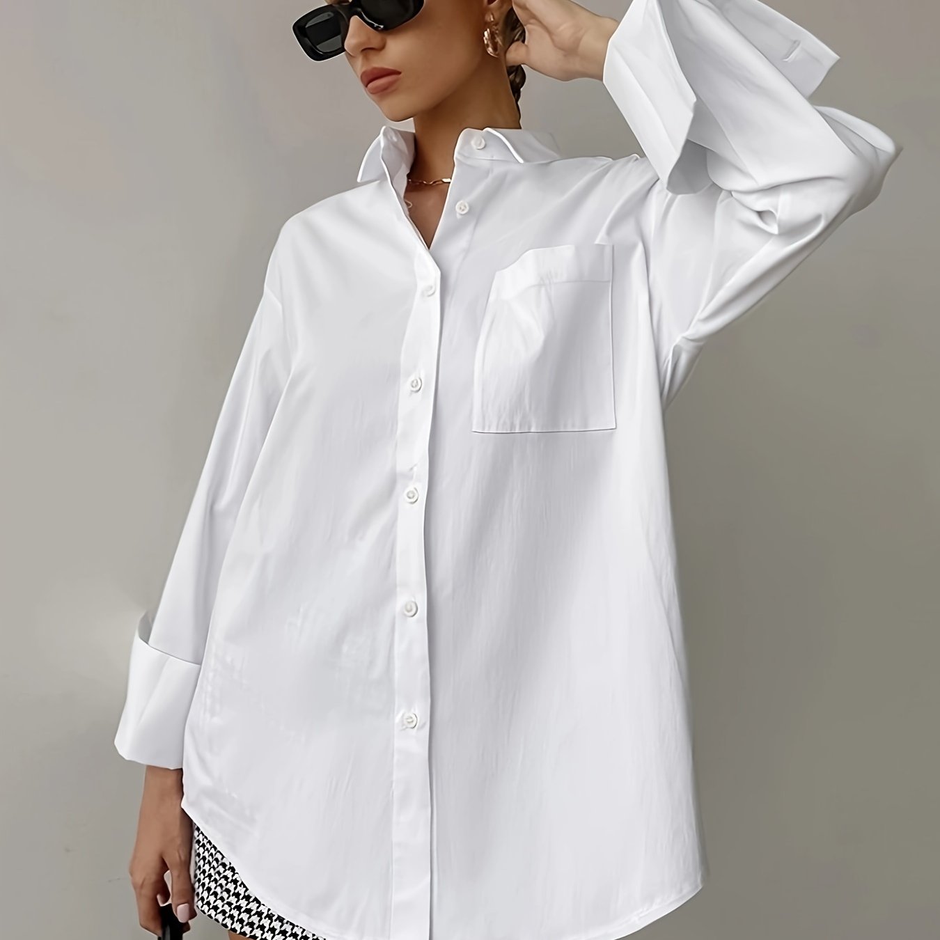 TEMU Women's Button-up Long Shirt Lapel Collar - Polyester,